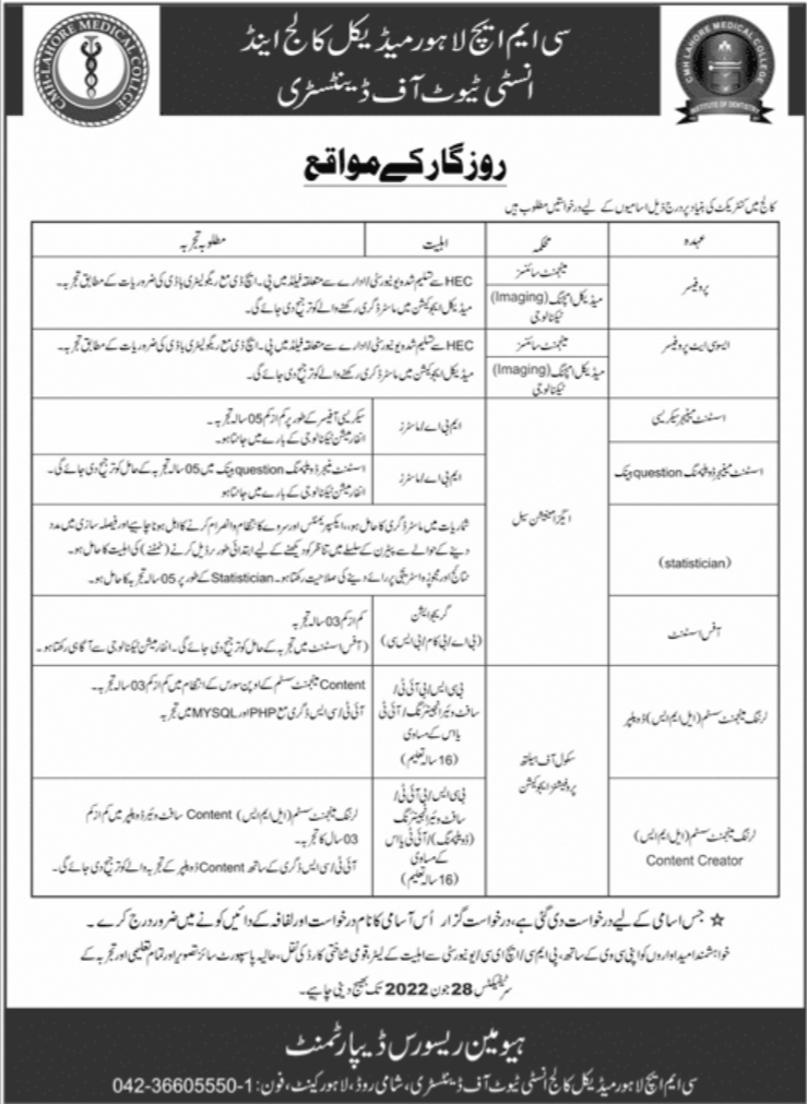 CMH Lahore Medical College And Institute of Dentistry Jobs
