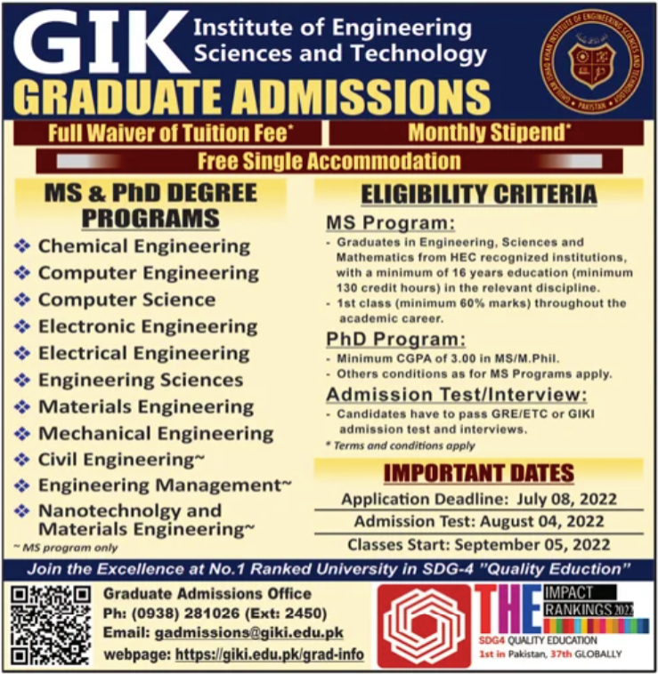 GIK Institute of Engineering Sciences And Technology Graduate Admissions
