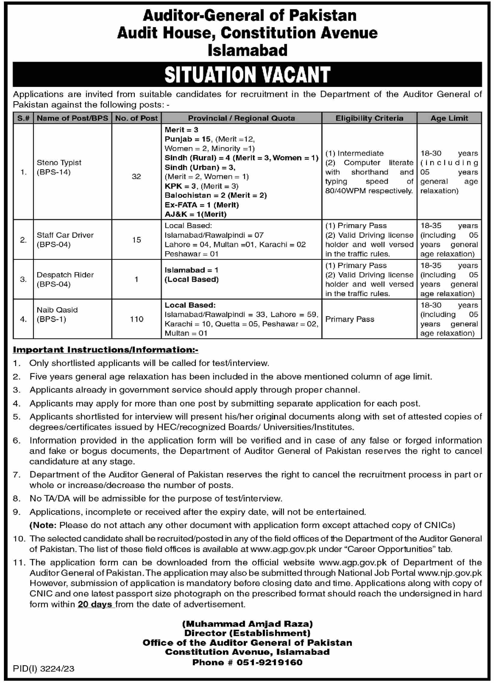 Auditor General of Pakistan Audit House Constitution Avenue Islamabad BPS-14 Jobs