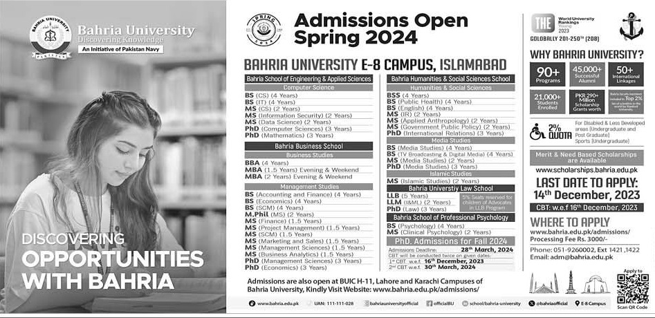 Bahria University E-8 Campus Islamabad Admission 2024