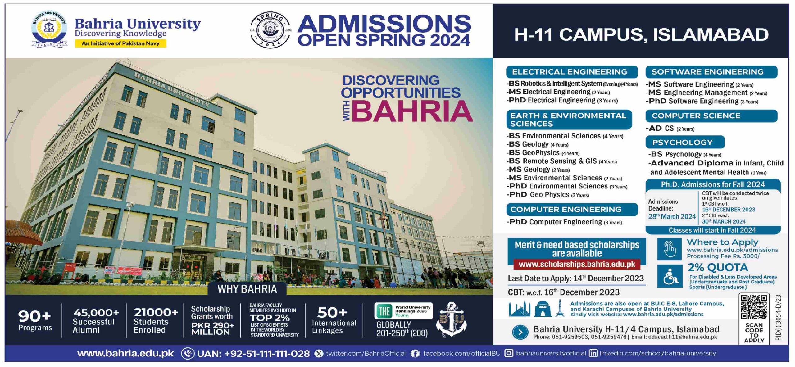 Bahria University H-11 Campus Islamabad Admissions Open Spring 2024