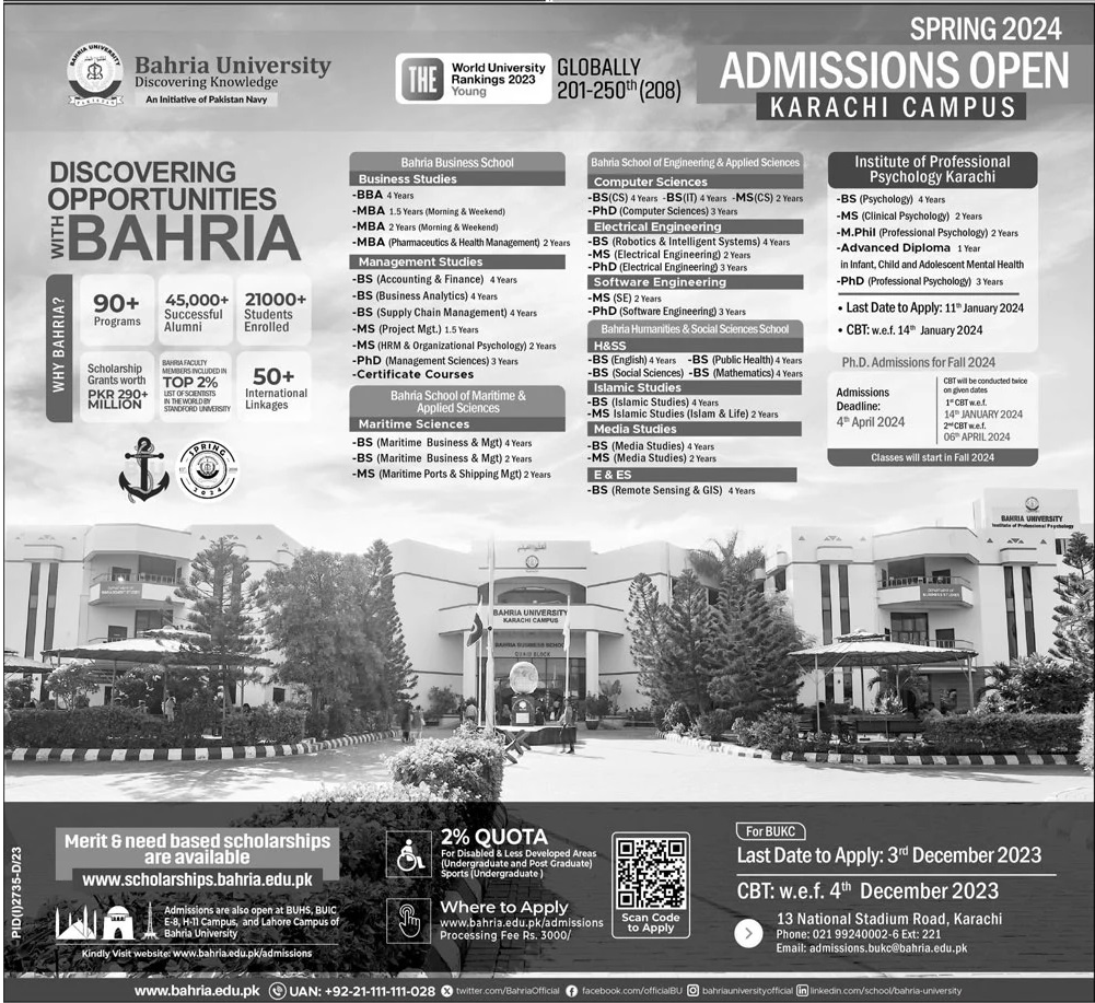 Bahria University Islamabad Karachi Campus Admissions Spring 2024
