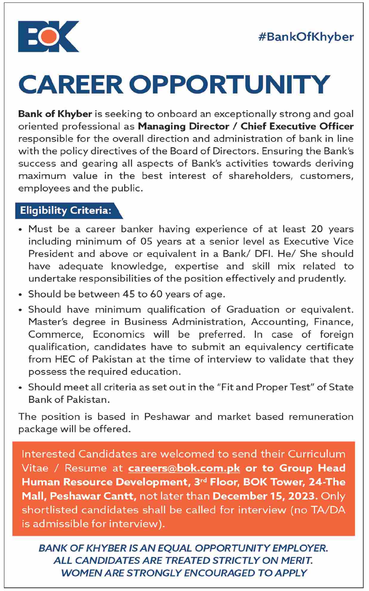 Bank of Khyber Jobs Managing Director And Chief Executive Officer