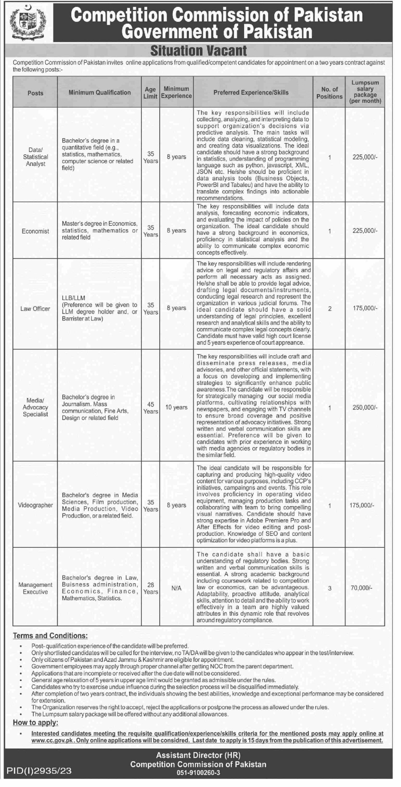 Competition Commission of Pakistan Government of Pakistan Jobs November 2023