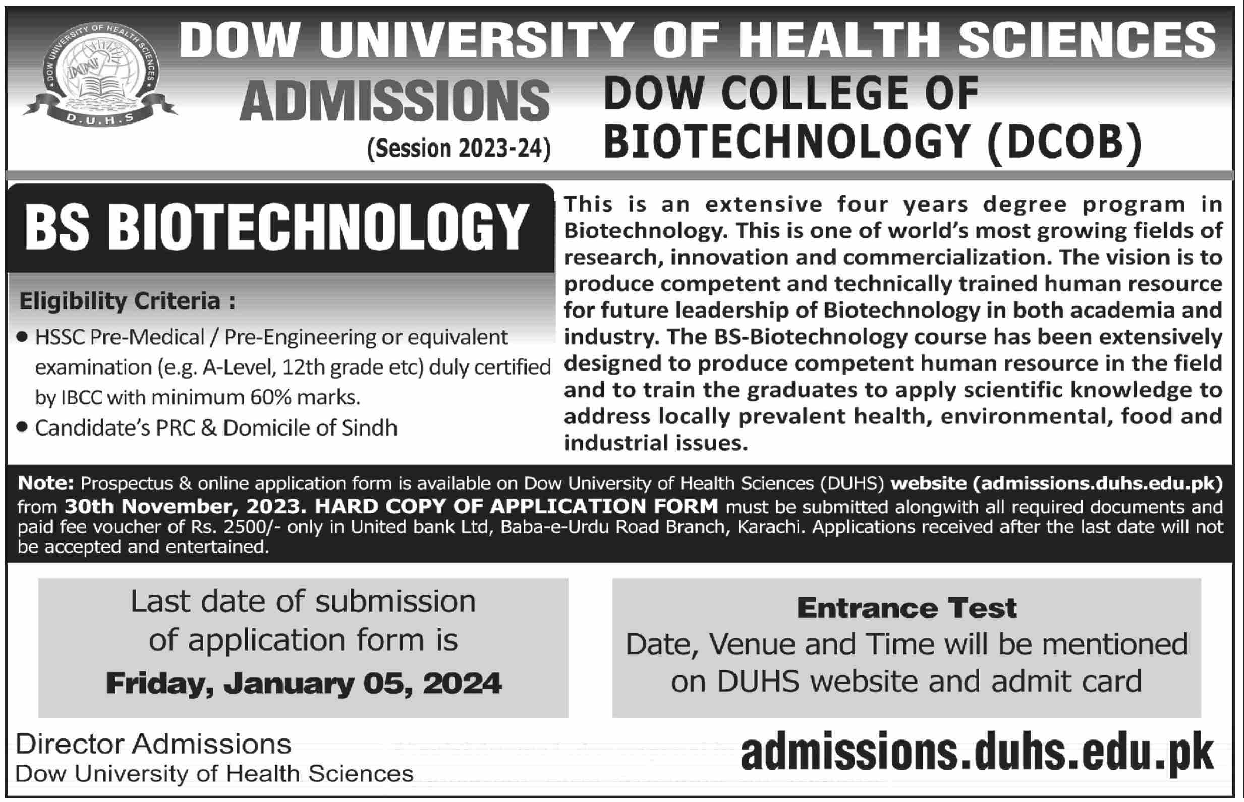 DOW University of Health Sciences BS BioTechnology Admissions 2024 DCOB