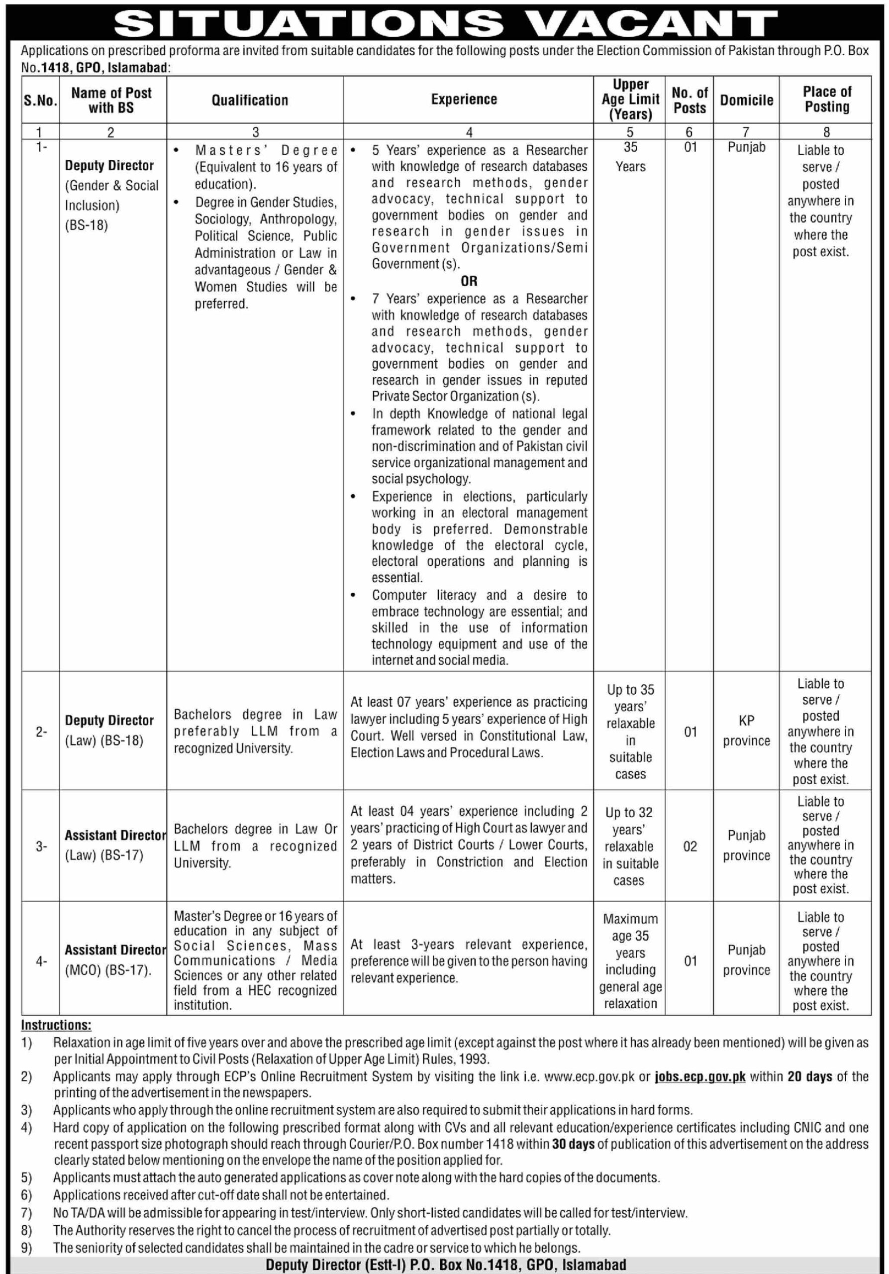 Election Commission of Pakistan Jobs in Islamabad Deputy Assistant Director