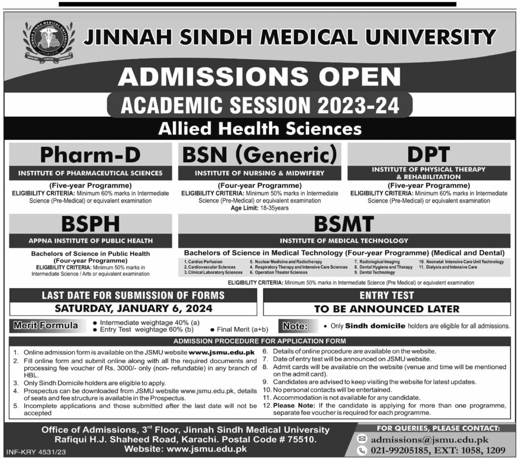 JSMU Jinnah Sindh Medical University Karachi Admissions 2024 Allied   Jinnah Sindh Medical University Karachi Admissions 2024 Allied Health Sciences 1024x906 