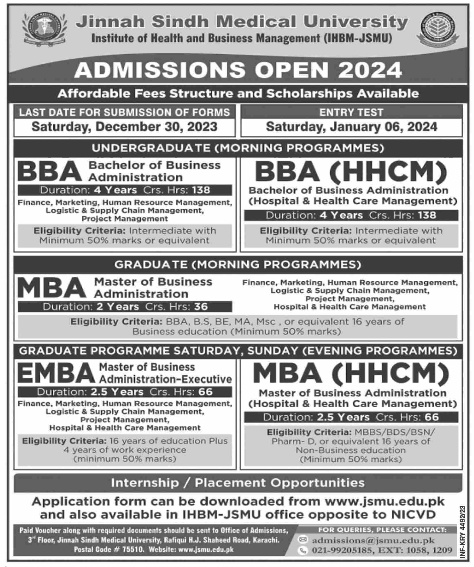 Jinnah Sindh Medical University Karachi Undergraduate Graduate Programmes Admissions 2024