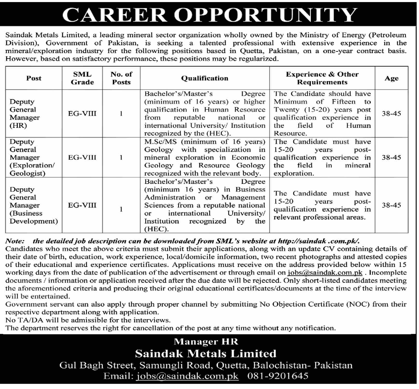 Jobs in Saindak Metals Limited Ministry of Energy Petroleum Division Government of Pakistan
