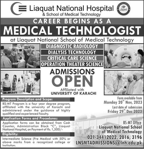 Liaqat National Hospital & School of Medical Technology Admission 2024