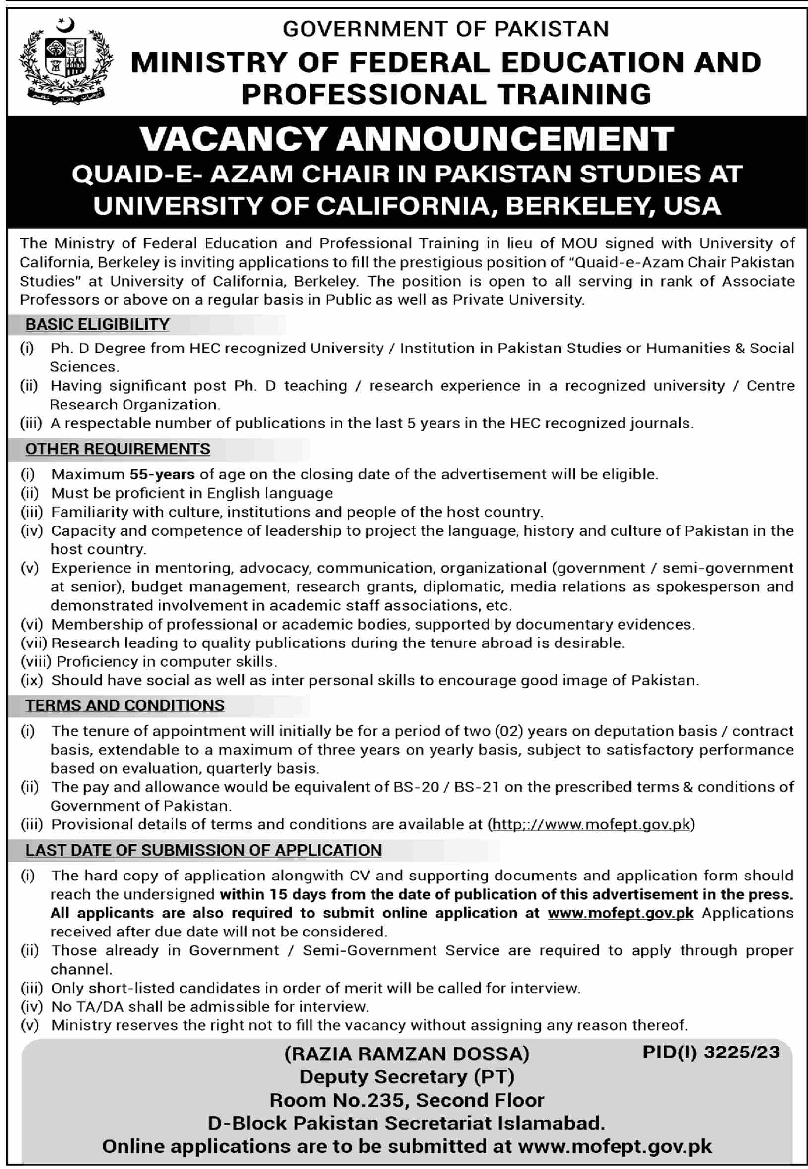 Ministry of Federal Education And Professional Training Islamabad PhD Jobs