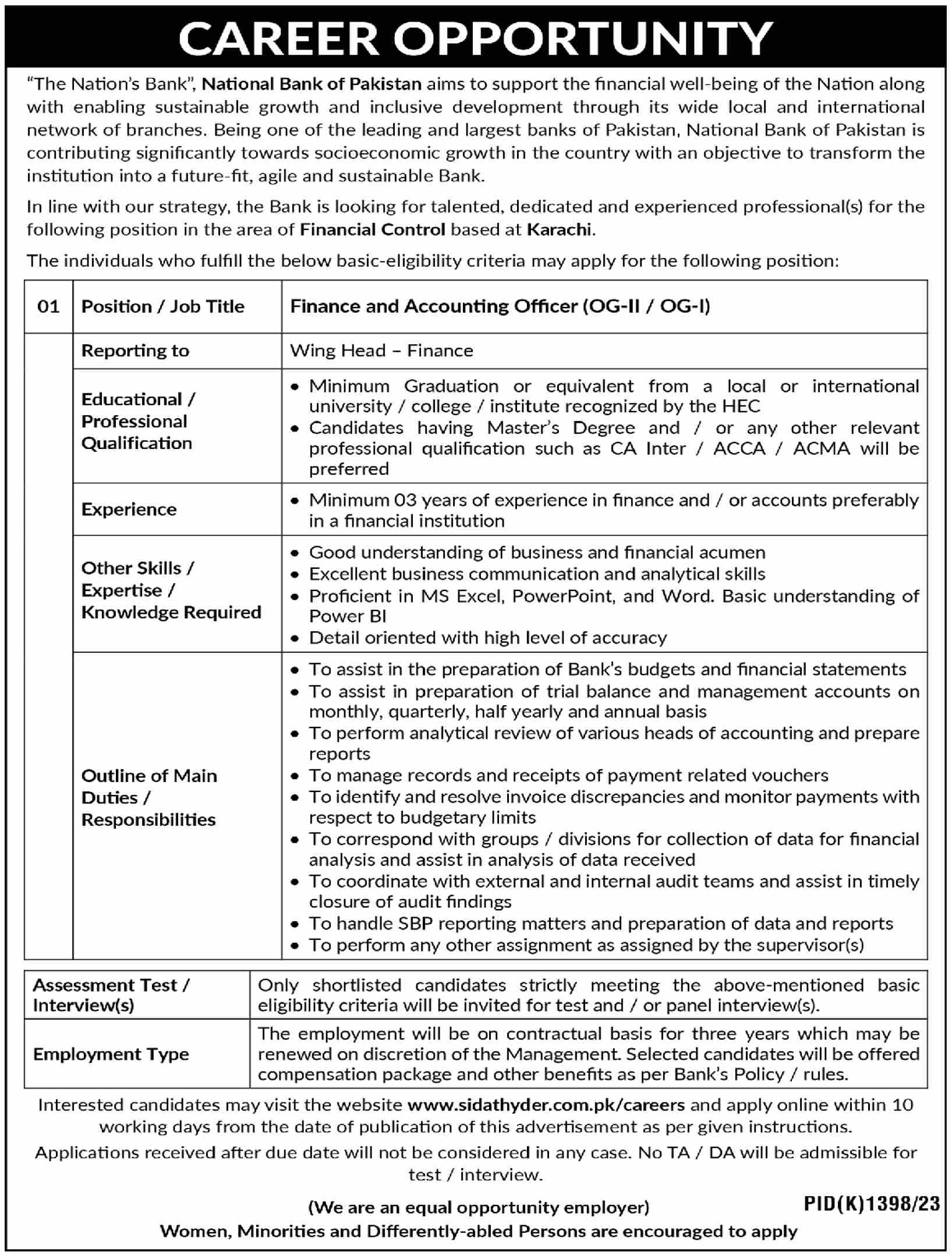 National Bank of Pakistan Jobs Area Financial Control in Karachi