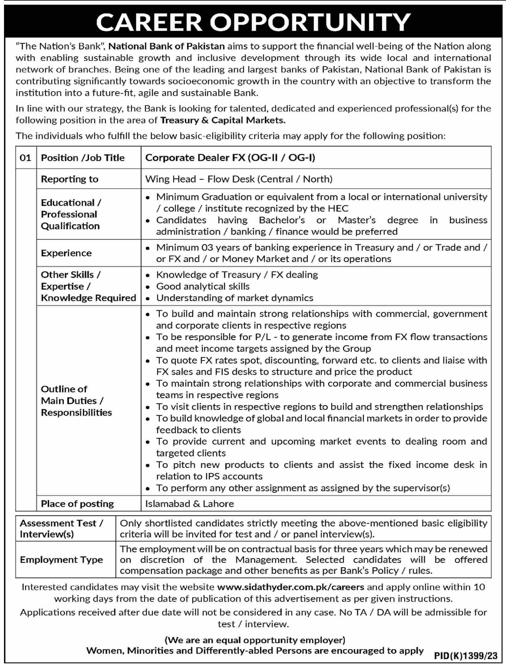 National Bank of Pakistan Jobs Area Treasury & Capital Markets in Islamabad Lahore