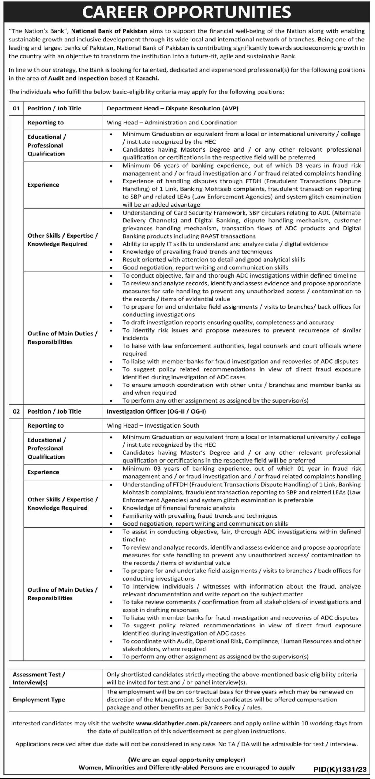 National Bank of Pakistan Jobs Audit and Inspection at Karachi Newspaper Ads