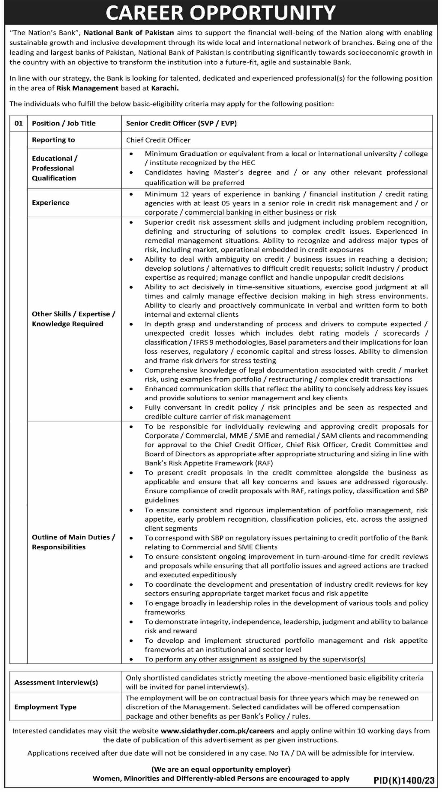 National Bank of Pakistan Jobs in Area Risk Management in Karachi