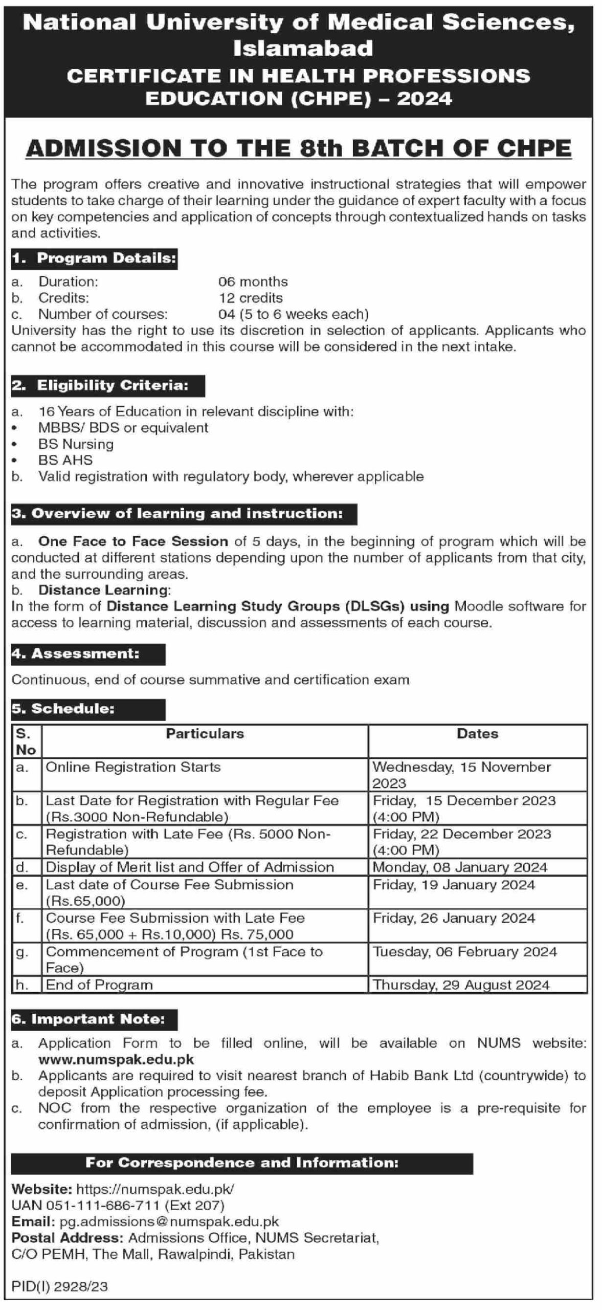 National University of Medical Sciences Islamabad Certificate in Health Professions Education CHPE 2024