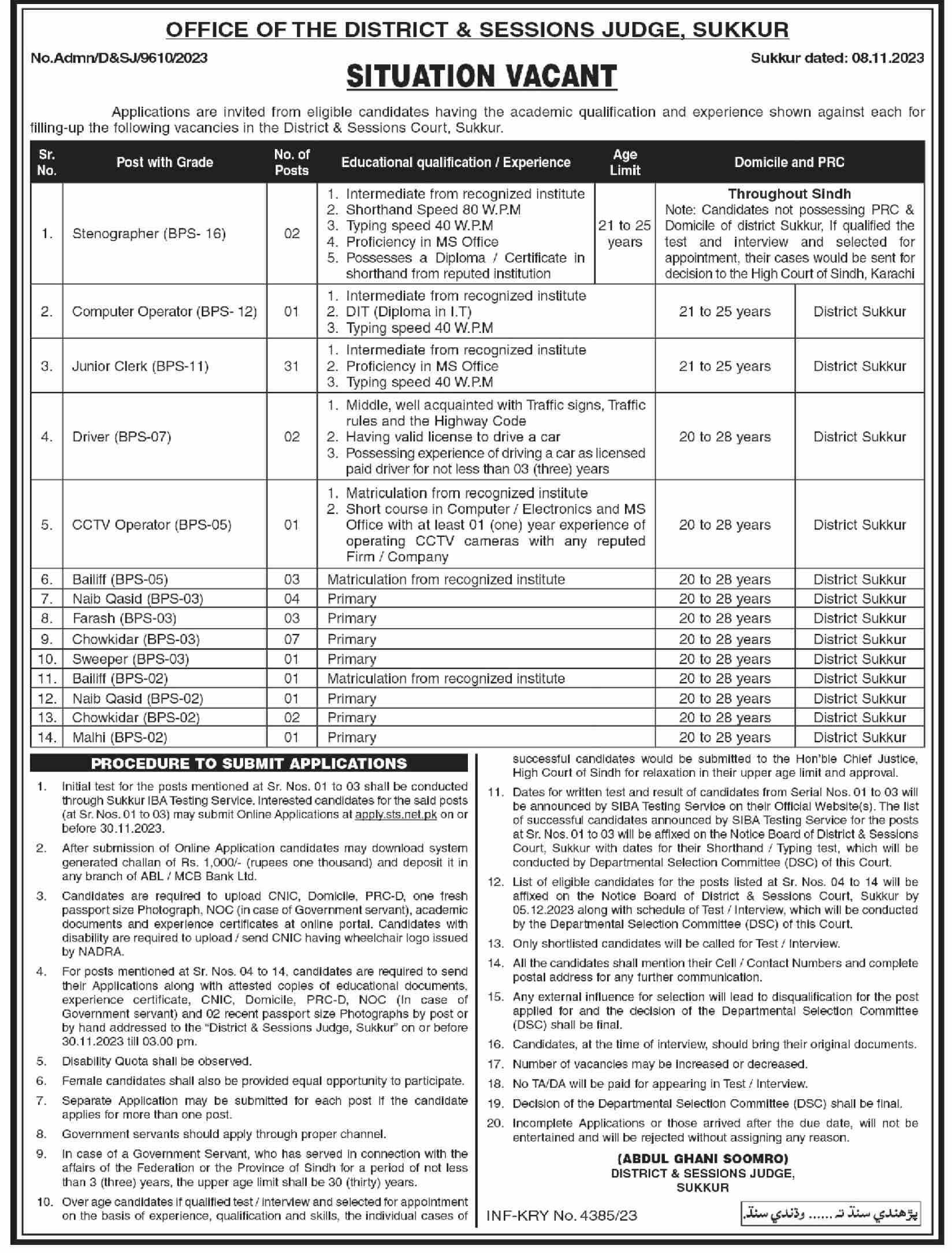 Office of the District & Session Judge Sukkur BPS-16 BPS-12 BPS-11 BPS-05 Jobs 2023