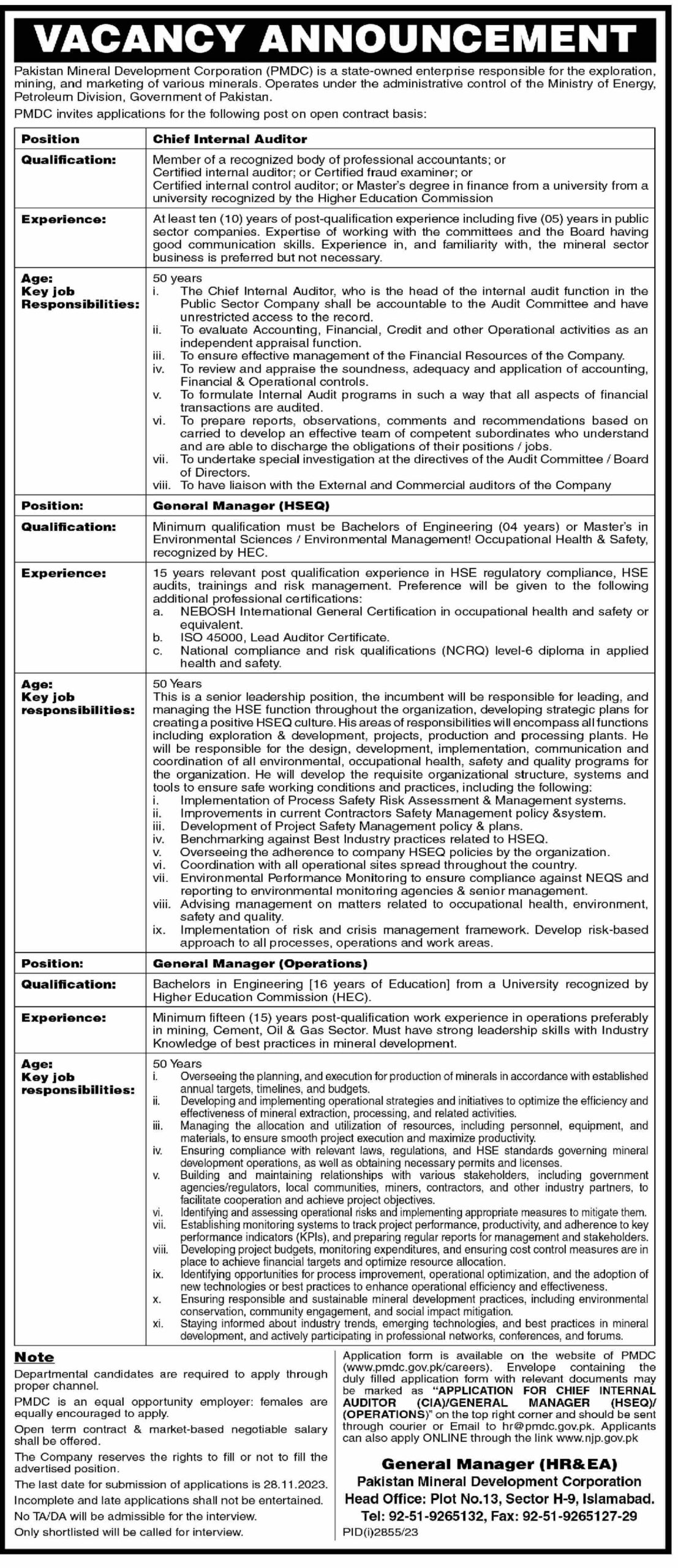 Pakistan Mineral Development Corporation Jobs in Ministry of Petroleum Division Government of Pakistan