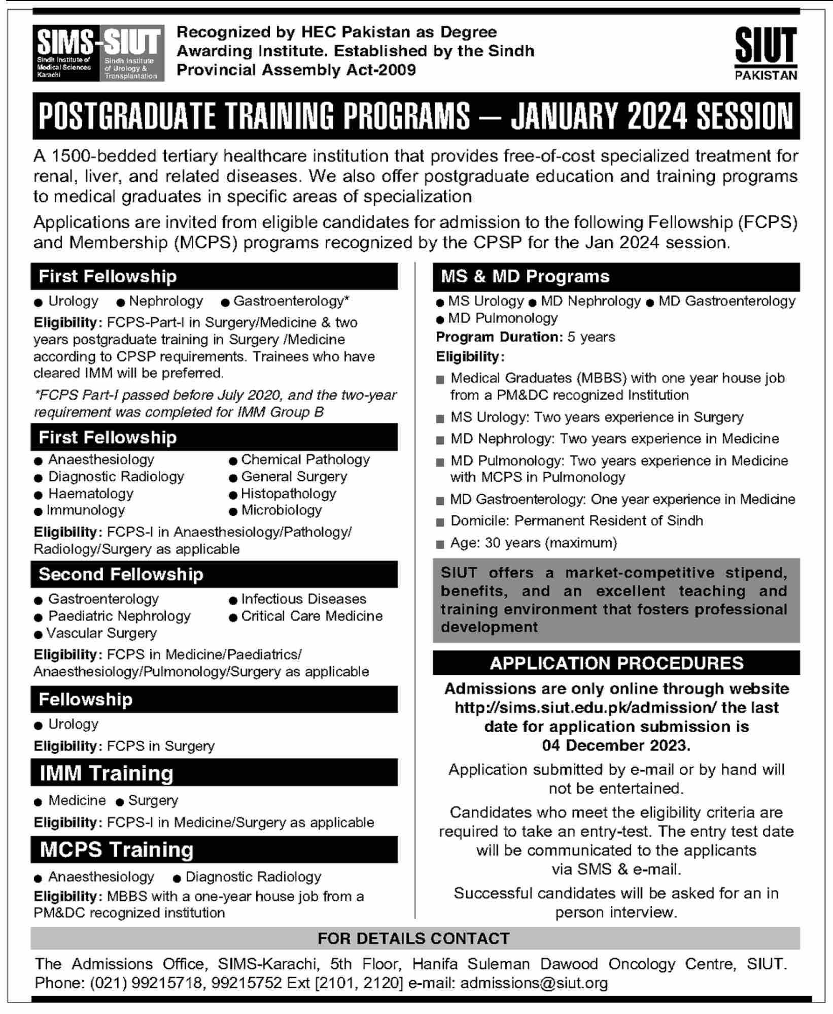 SIMS Karachi SIUT Postgraduate Training Programs Session 2024