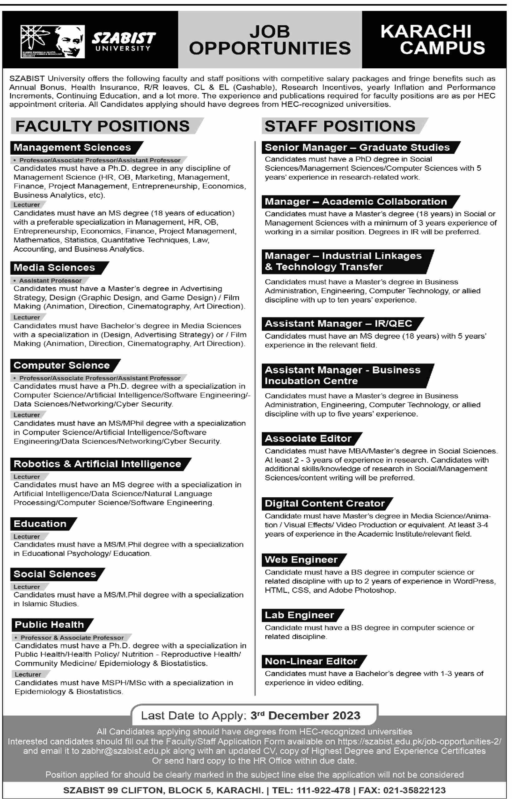 SZABIST University Karachi Campus Faculty & Staff Positions Jobs