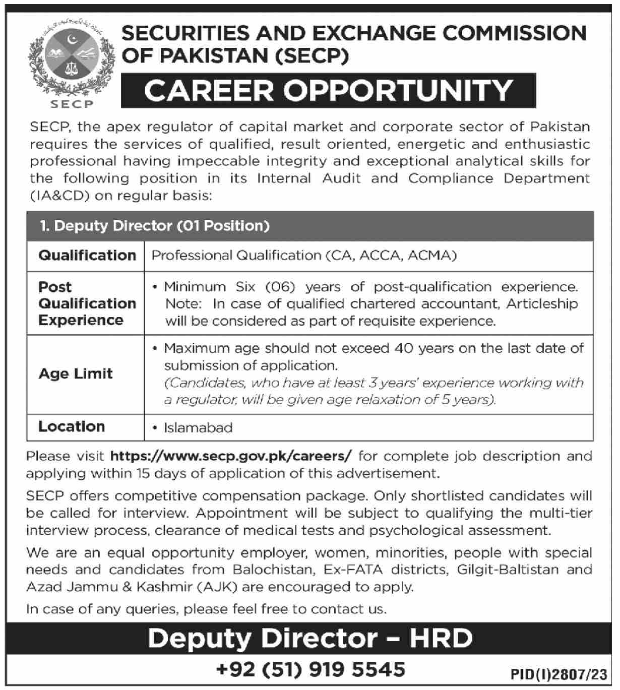Securities And Exchange Commission of Pakistan SECP CA ACCA ACMA Jobs November 2023