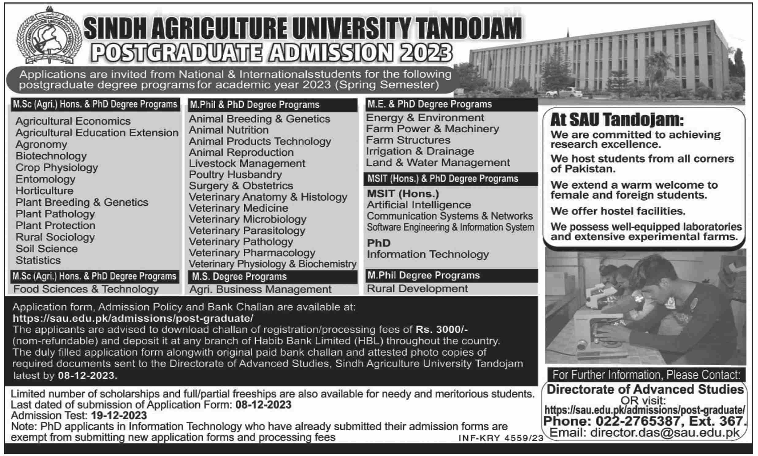 Sindh Agriculture University Tandojam Postgraduate Admission 2023