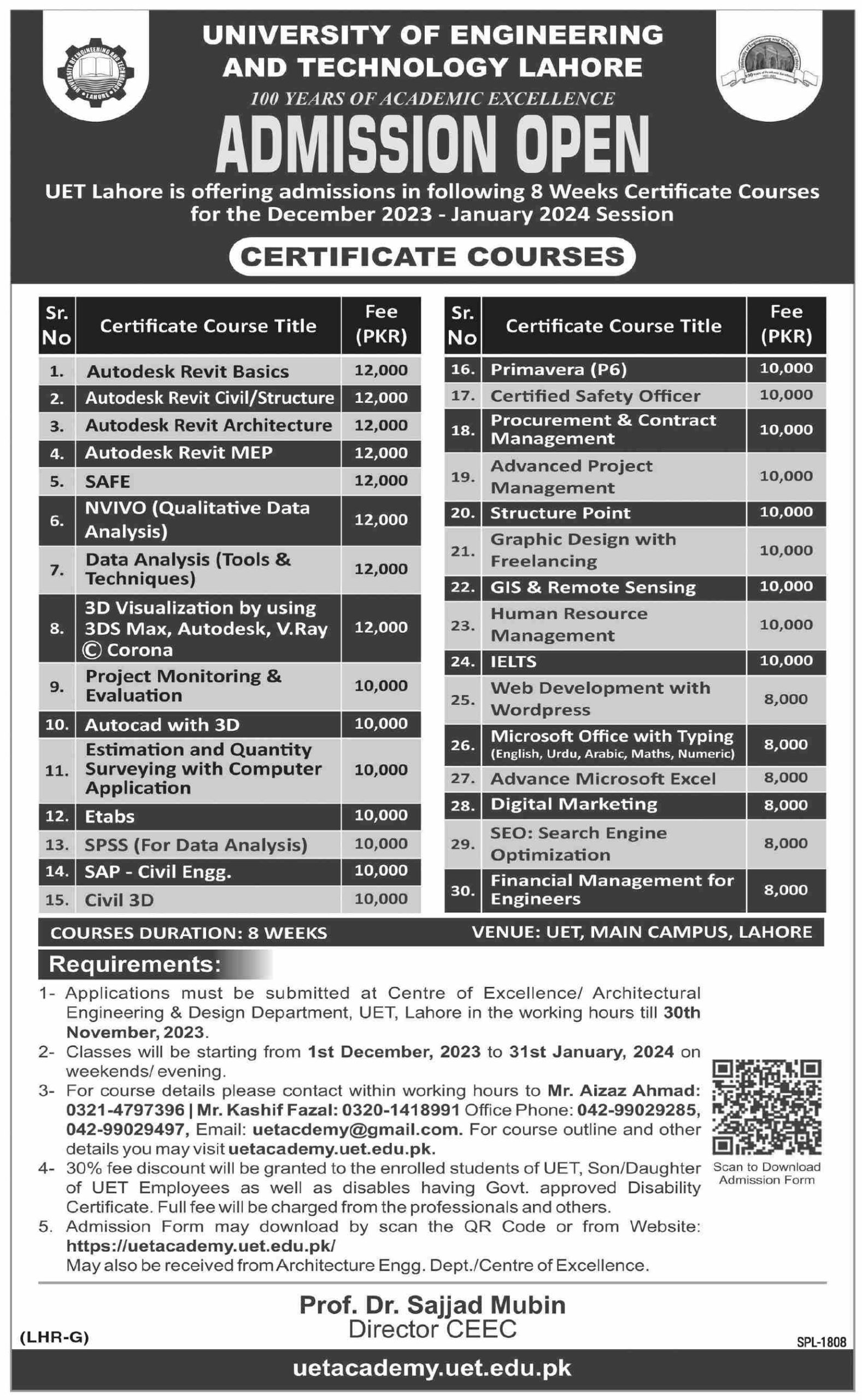 UET University of Engineering And Technology Lahore Admissions Open 2024