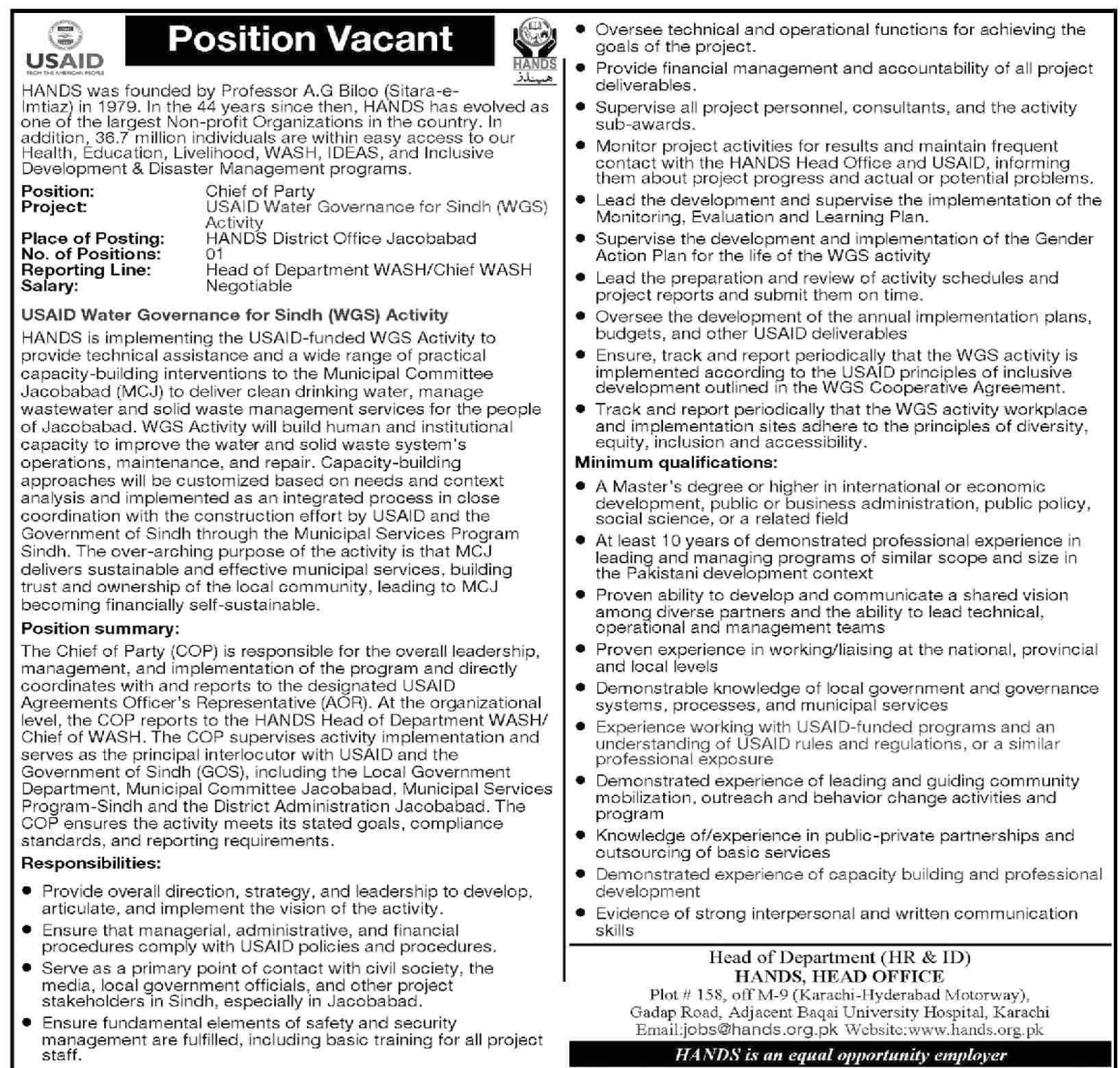 USAID Water Governance For Sindh WGS Jacobabad Sindh Jobs Chief of Party
