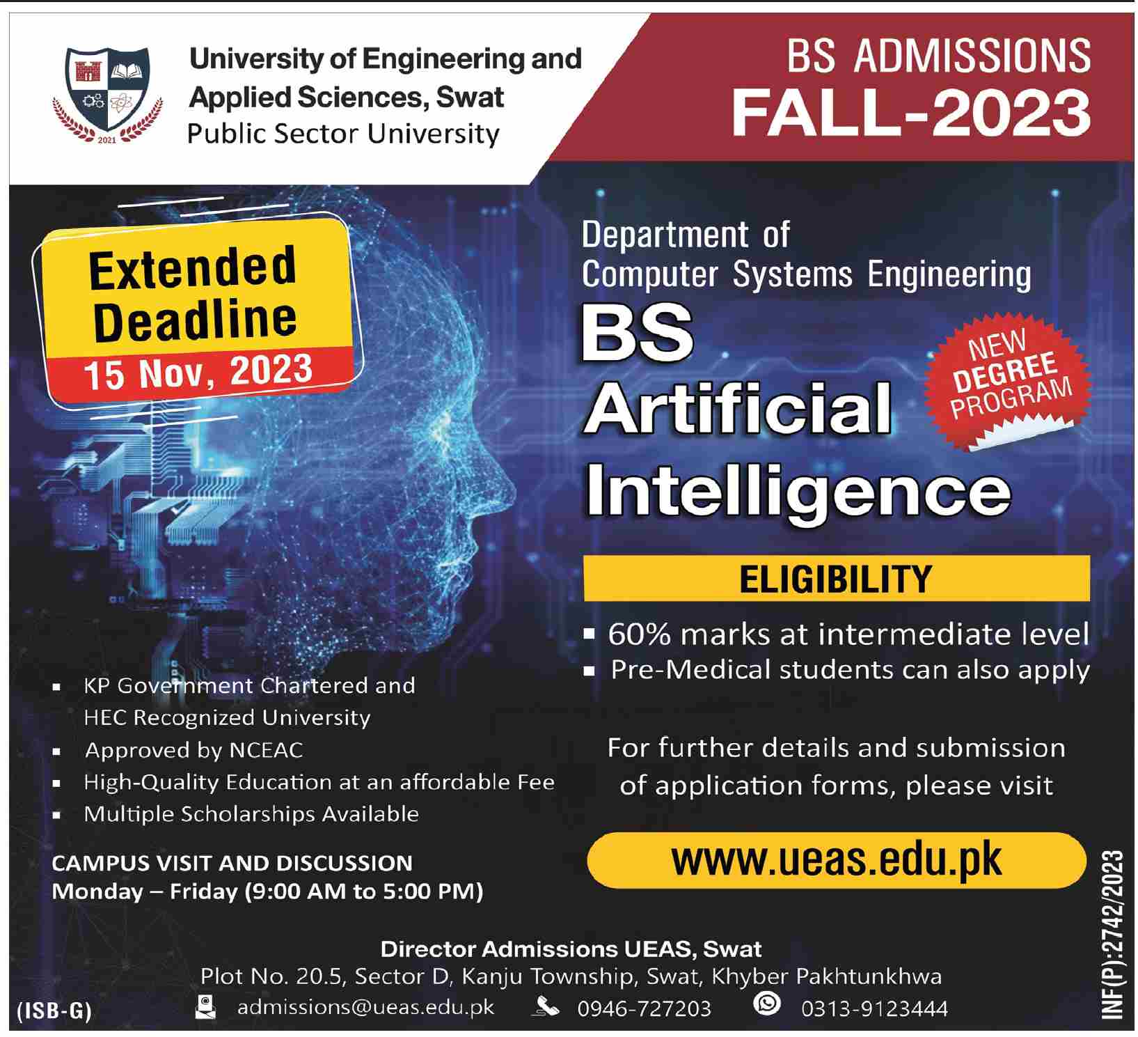 University of Engineering And Applied Sciences Swat BS Admissions Fall 2023