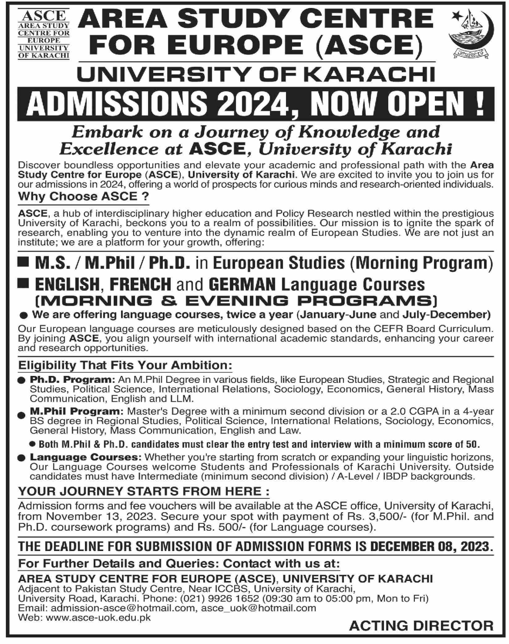 University of Karachi Admissions Open 2024 MS Ph.D M.Phil Program Language Courses