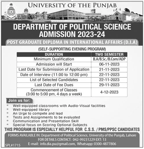 University of the Punjab Department of Political Science Admission 2024