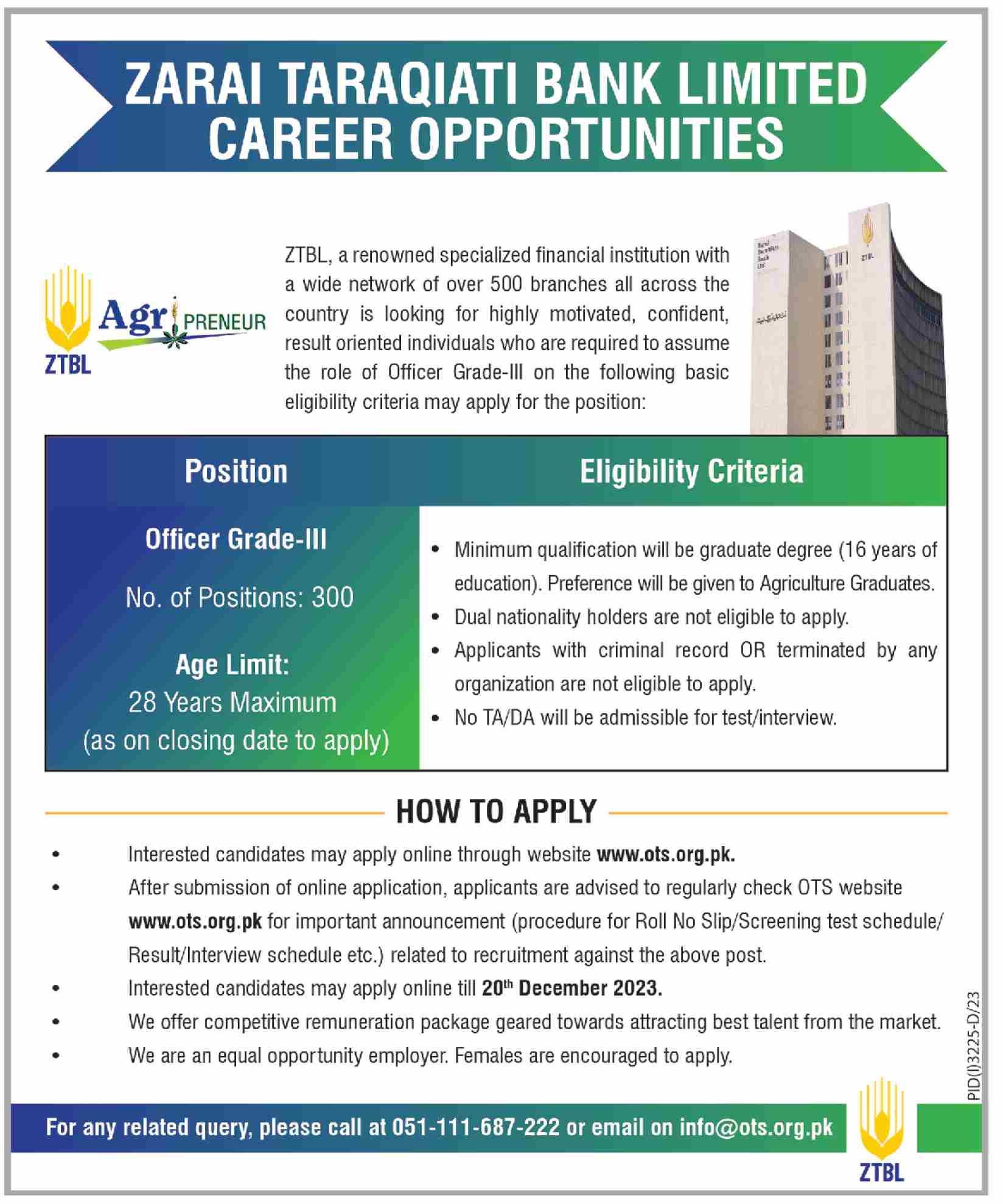 ZTBL Zarai Taraqiati Bank Limited Career Opportunities Job
