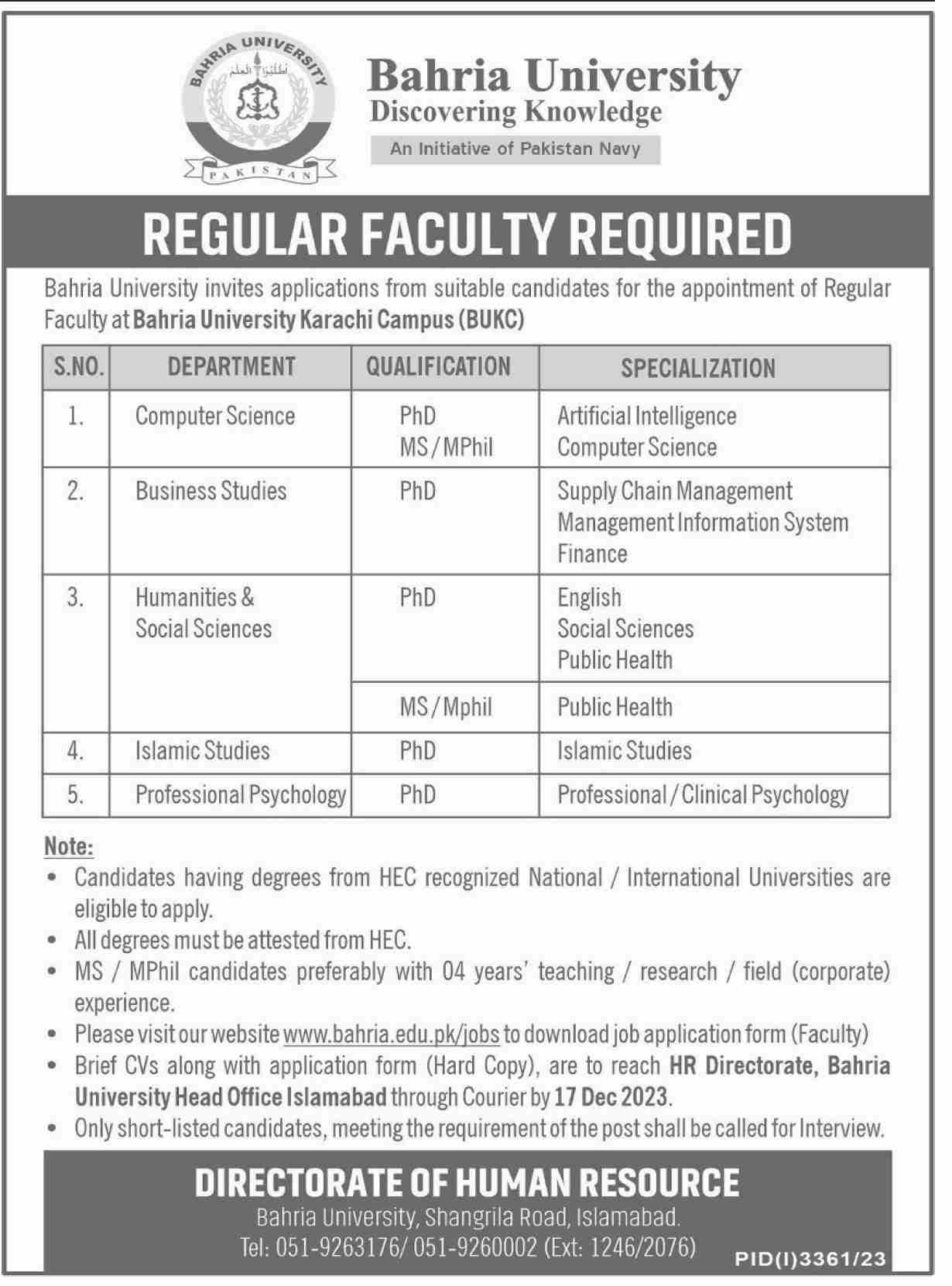 Bahria University Karachi Campus Regular PhD MS MPhil Faculty Required