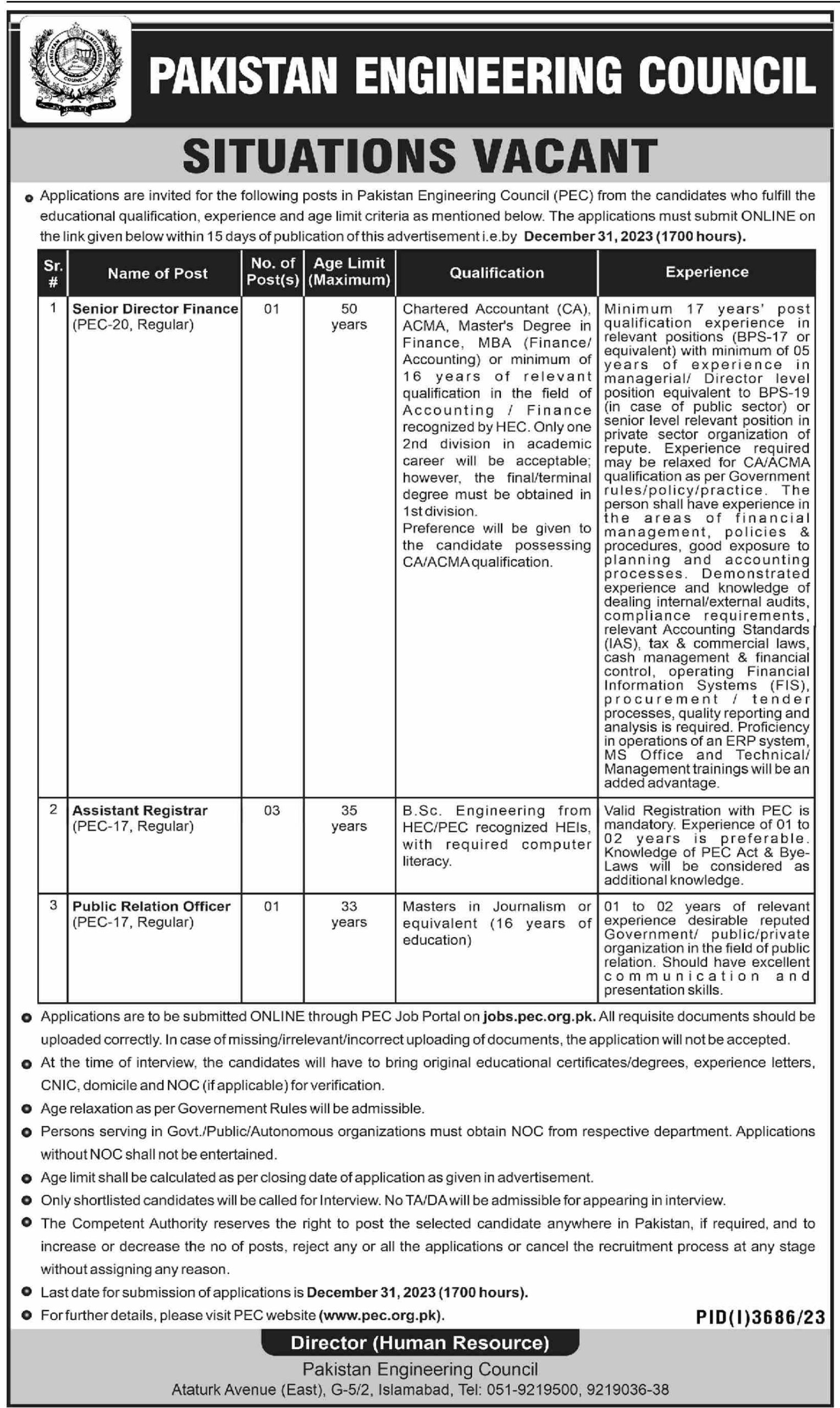 CA ACMA MBA Accounting Finance Government Jobs in PEC