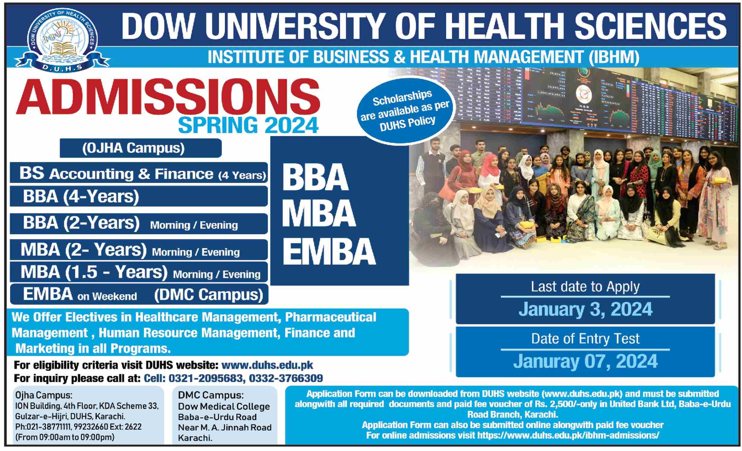 DOW University of Health Sciences IBHM Admissions Spring 2024