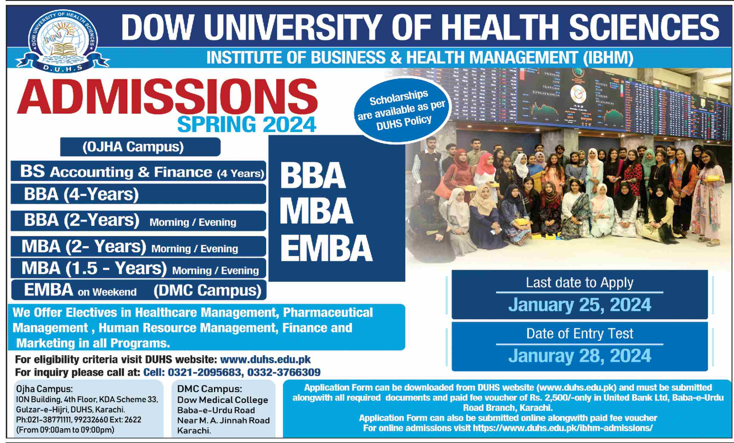 DOW University of Health Sciences IBHM Admissions Spring 25 January 2024