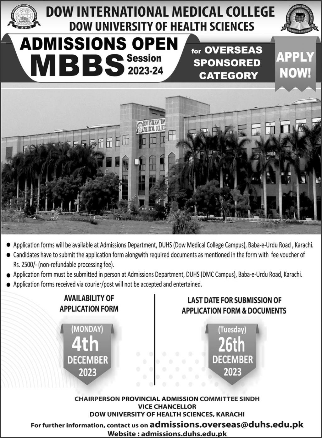 DUHS DOW International Medical College Admissions Open MBBS 2023-2024 For Overseas Sponsored Category