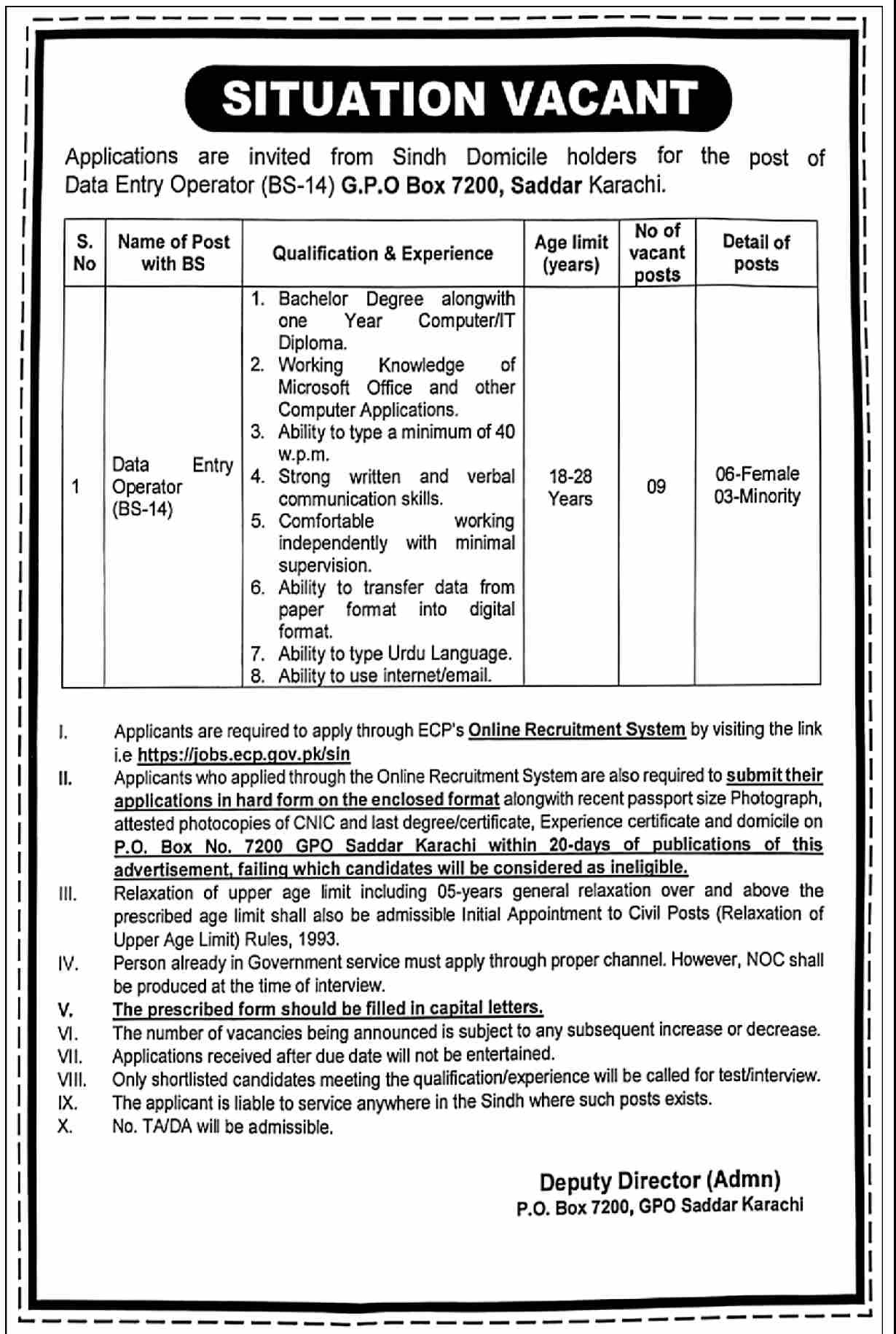 Data Entry Operator BS-14 ECP Government Jobs For Sindh Domicile Holders