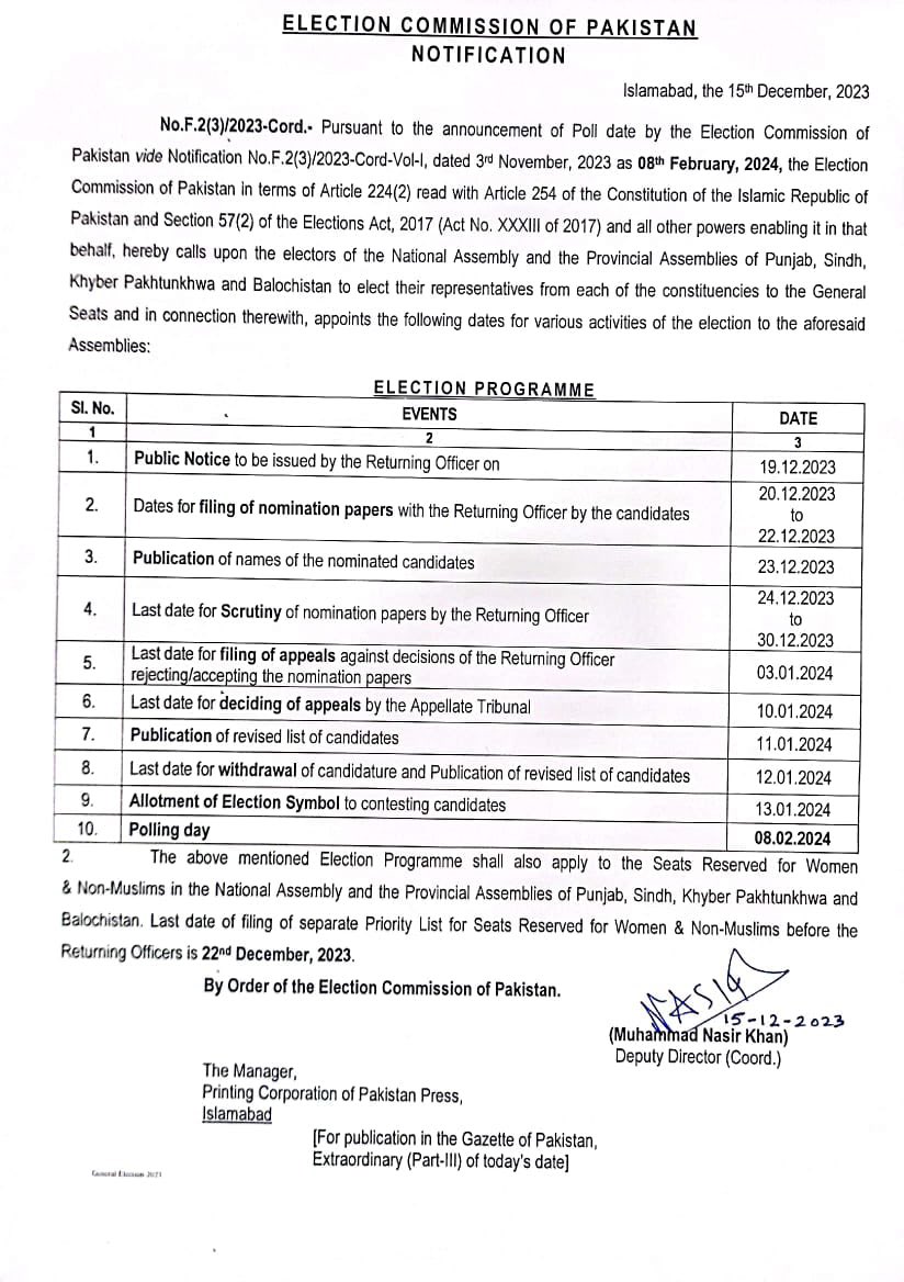 Election Schedule Notification of ECP Election Commission of Pakistan 8 February 2024