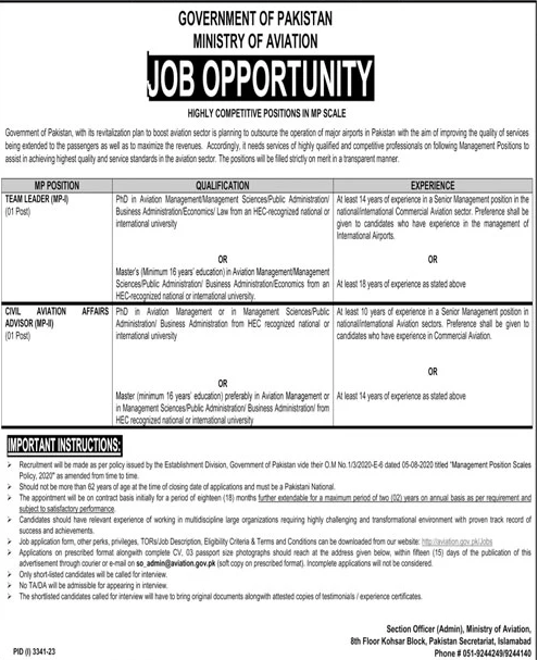Government of Pakistan Ministry of Aviation Jobs Details