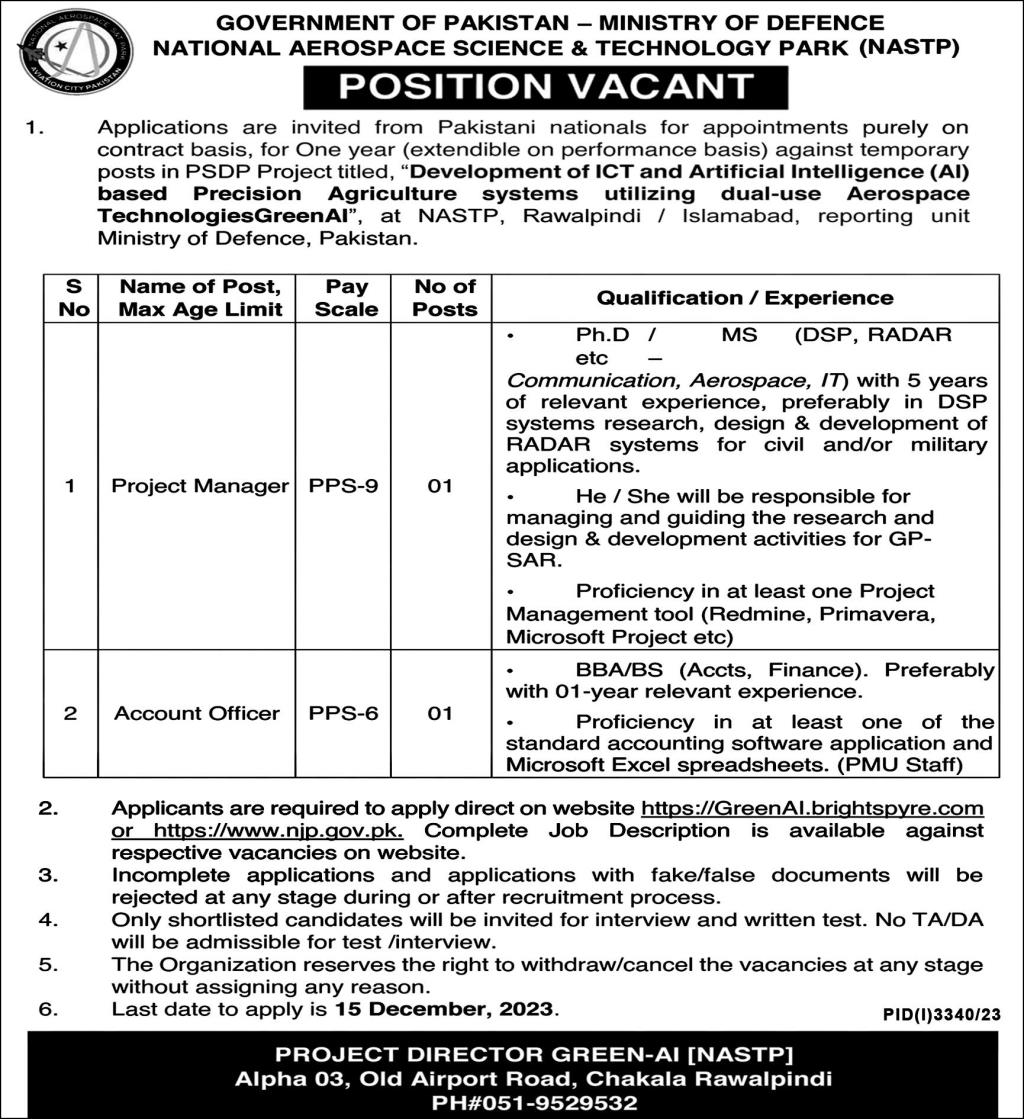 Government of Pakistan Ministry of Defence National Aerospace Science and Technology Park Jobs Details