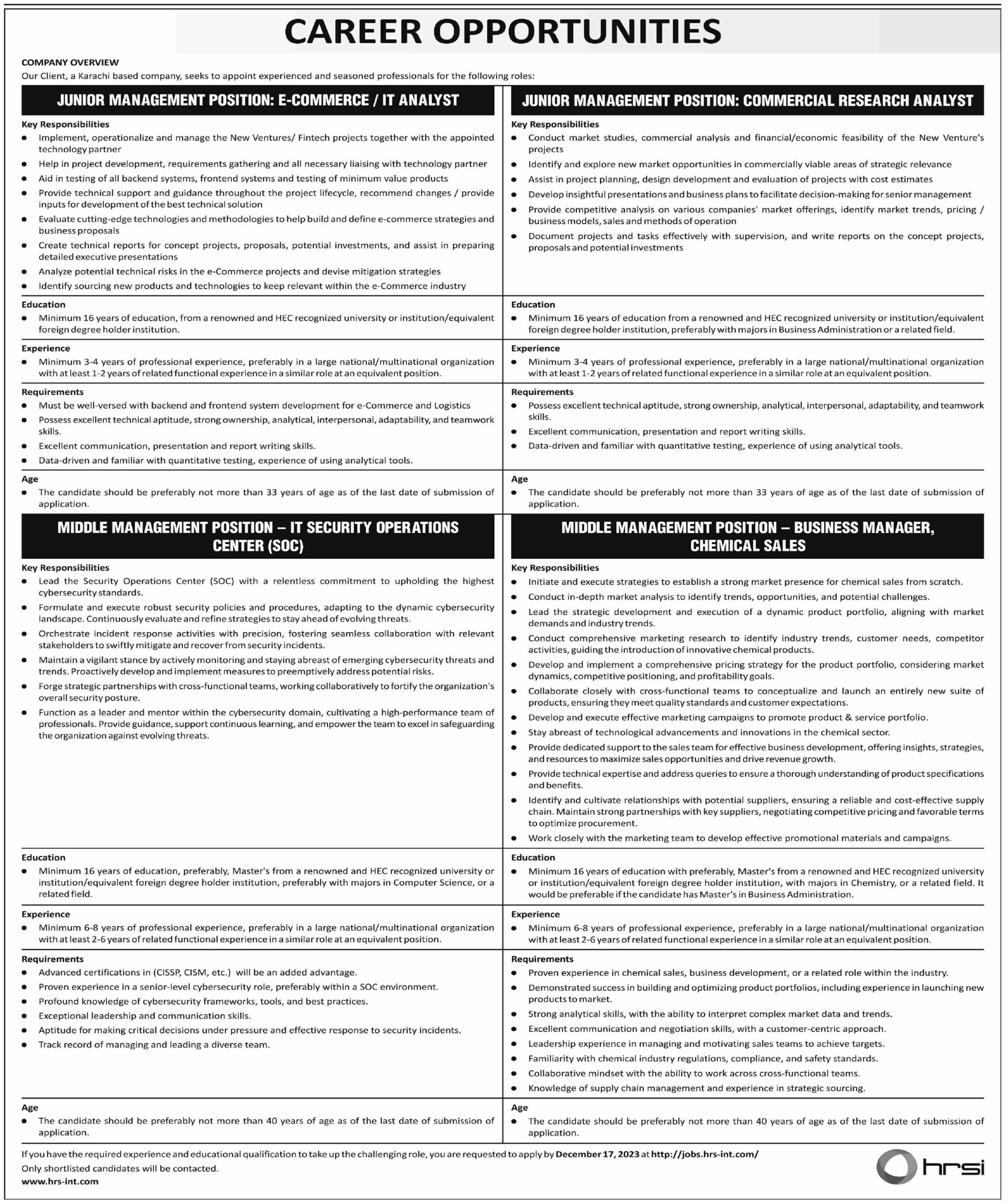 Human Resource Solutions International HRSI Karachi Jobs For IT Analyst & IT Security Operations