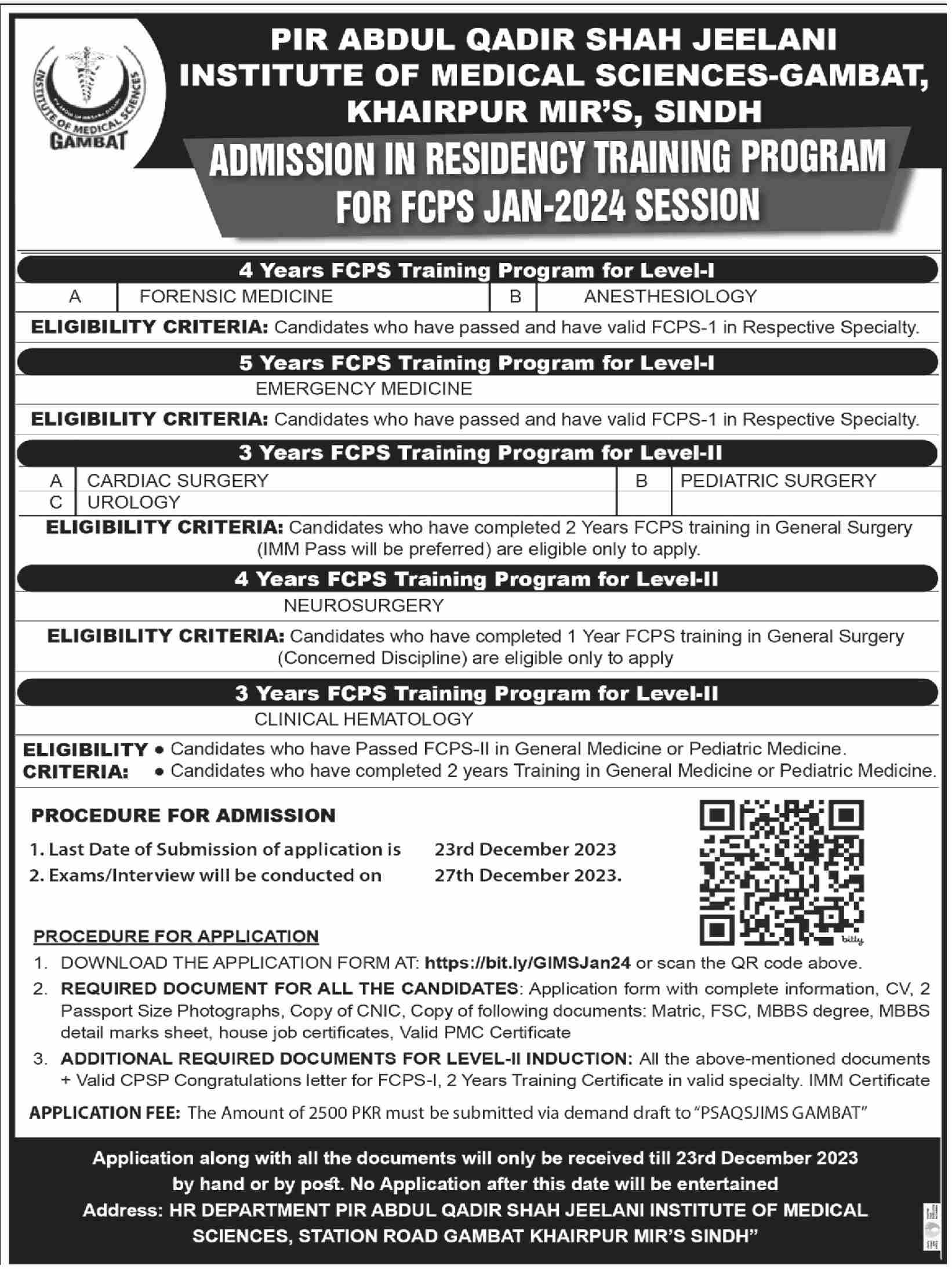 Institute of Medical Sciences Gambat Admission in Residency Training Program FCPS Jan-2024 Session