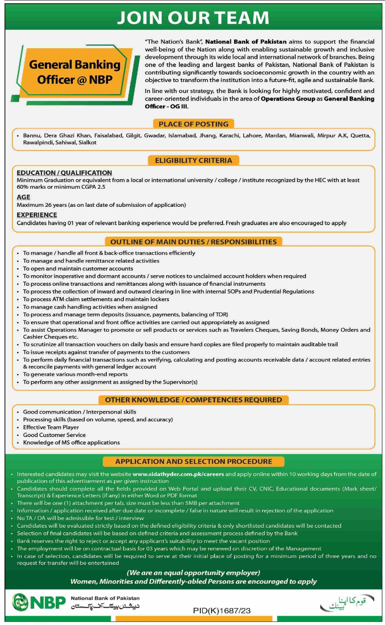Jobs in NBP Operations Group as General Banking Officer - OG 3