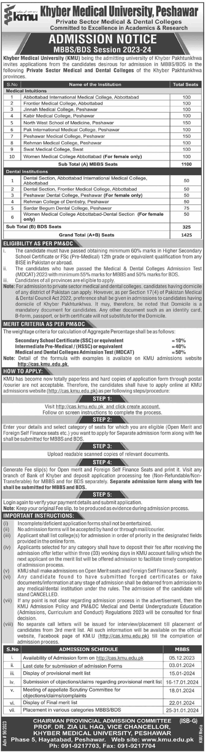 Khyber Medical University Peshawar Admission in MBBS and BDS Session 2023-2024