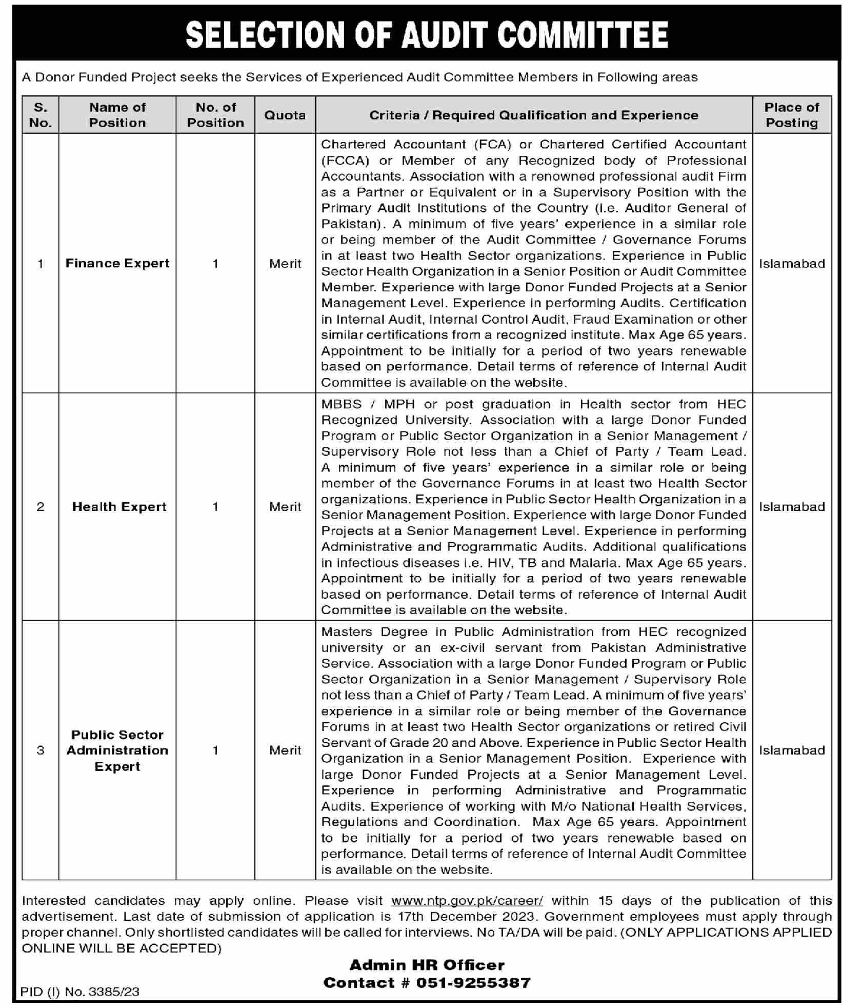 NTP National TB Control Programme Islamabad Pakistan Jobs For FCA FCCA MBBS MPH Public Administration