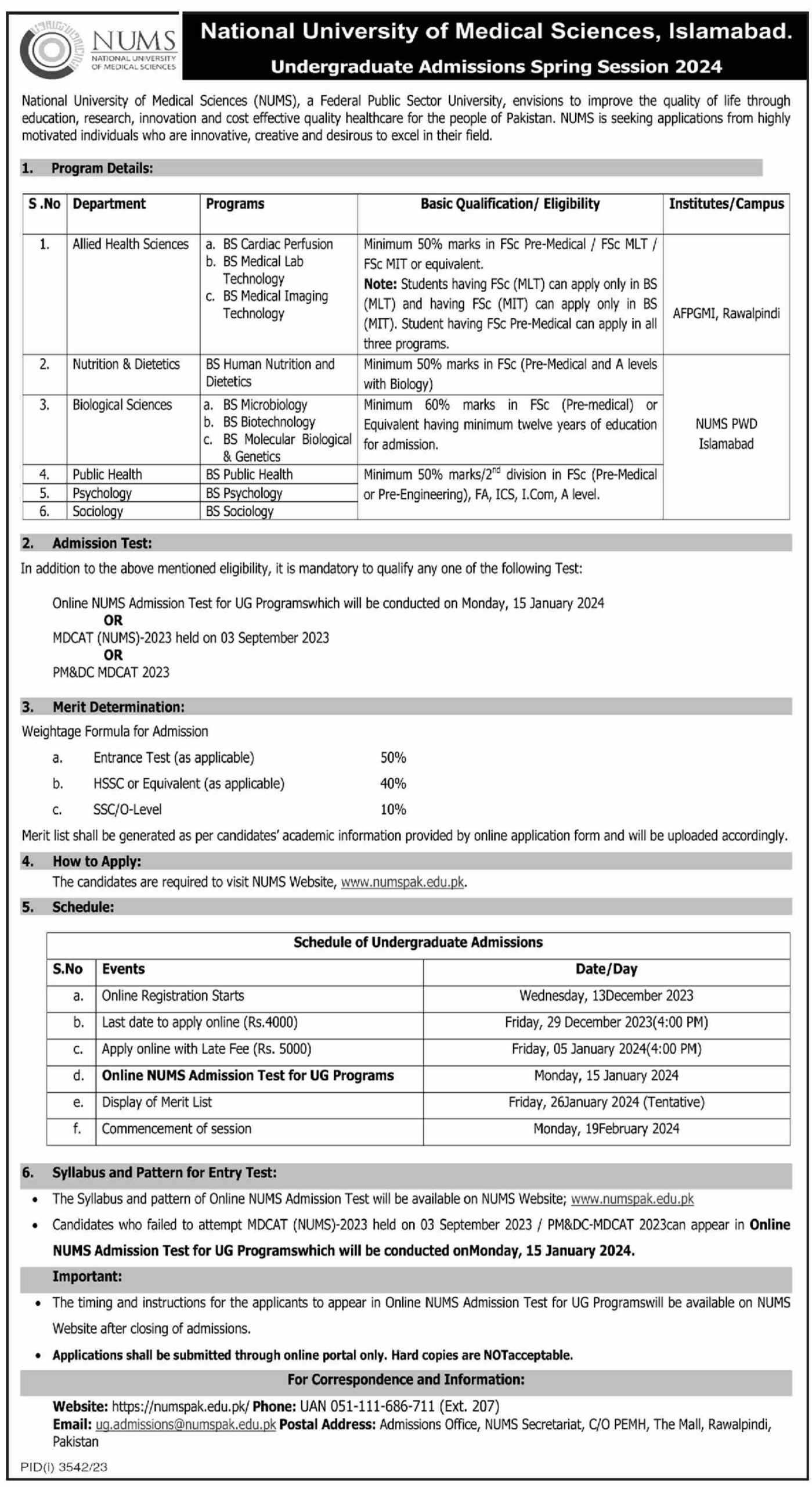 NUMS National University of Medical Sciences Islamabad Undergraduate Admissions Spring Session 2024