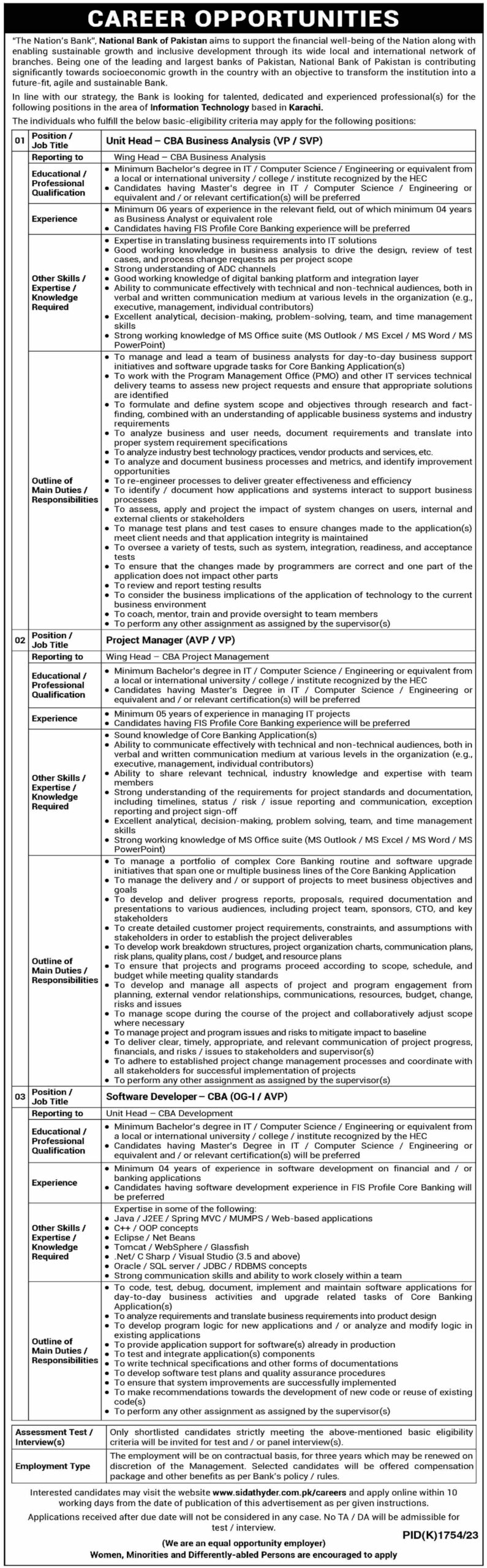 National Bank of Pakistan Information Technology Government Jobs in Karachi