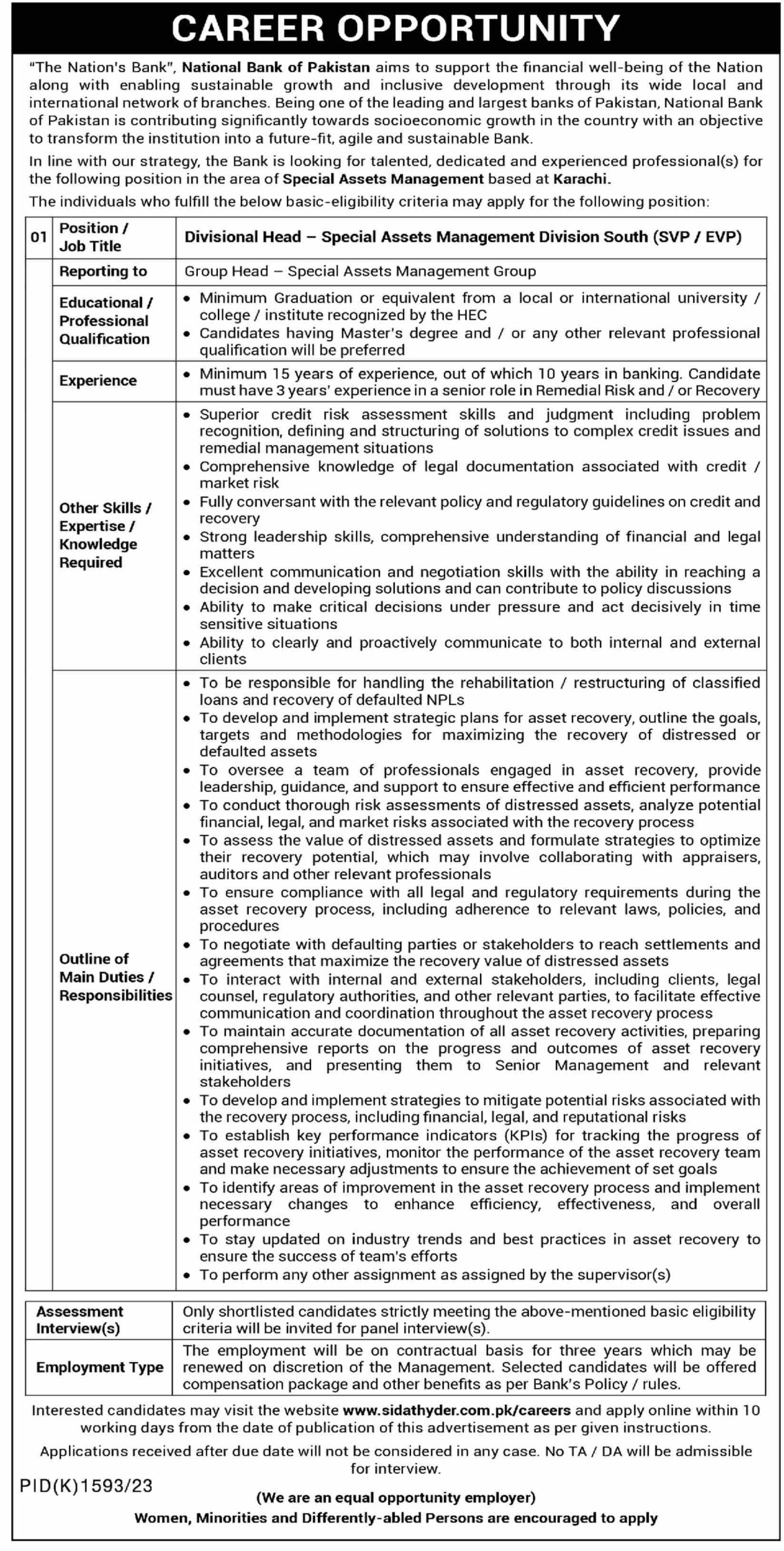 National Bank of Pakistan Special Assets Management Jobs in Karachi