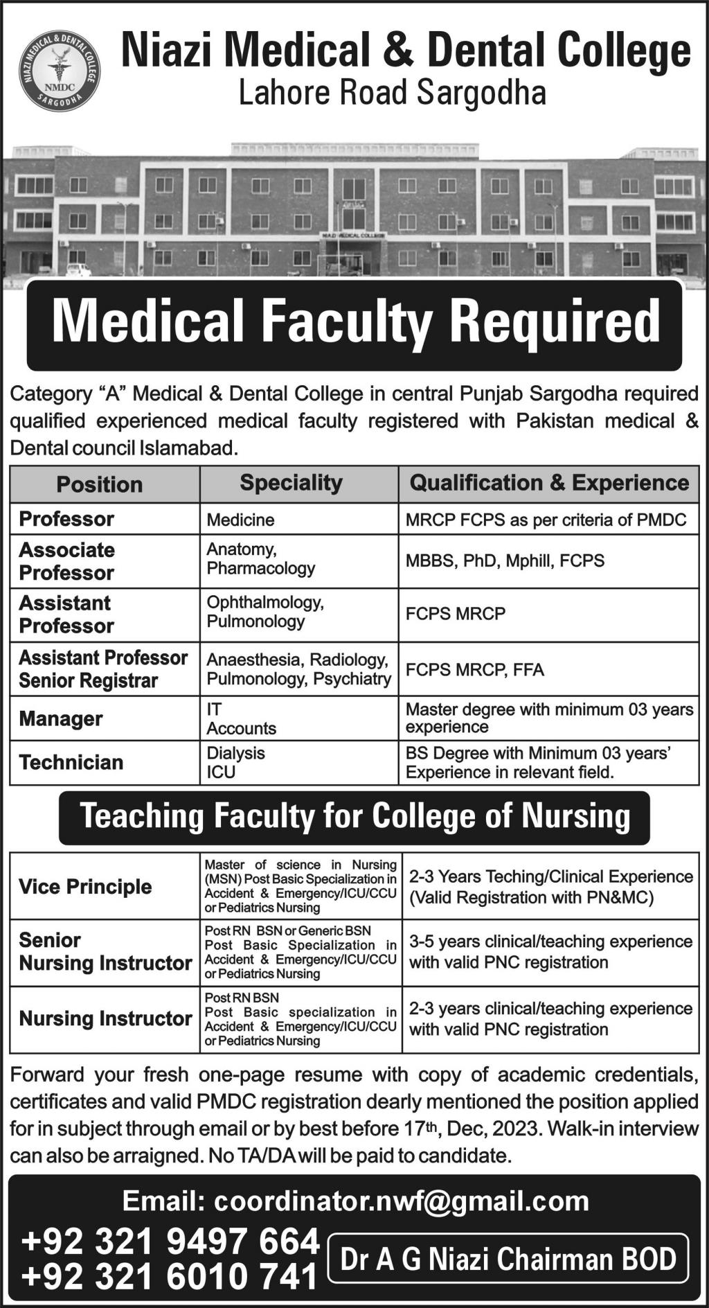 Niazi Medical & Dental College Lahore Road Sargodha Medical Faculty Jobs